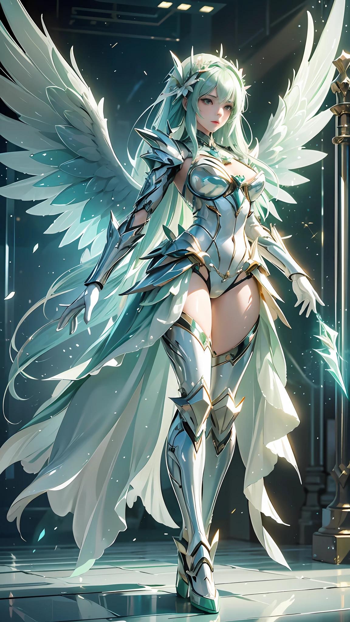 a beauty girl,Green mech,As graceful as a swan,Enchanting,long white hair,Green body,White hands,Lab Room,future-tech,fully body photo,standing on your feet,dreamy scenes,dyna,super detailing,celshaded,8K detail post-processing,magnifica,hyper photorealism,8K,Epic composition,Complicated details,unreal-engine,Holy Angel Mecha,Mechanical exoskeleton,flower sea,eventide,Angel Maiden,Angel wings,green long skirt,combats,Combat posture