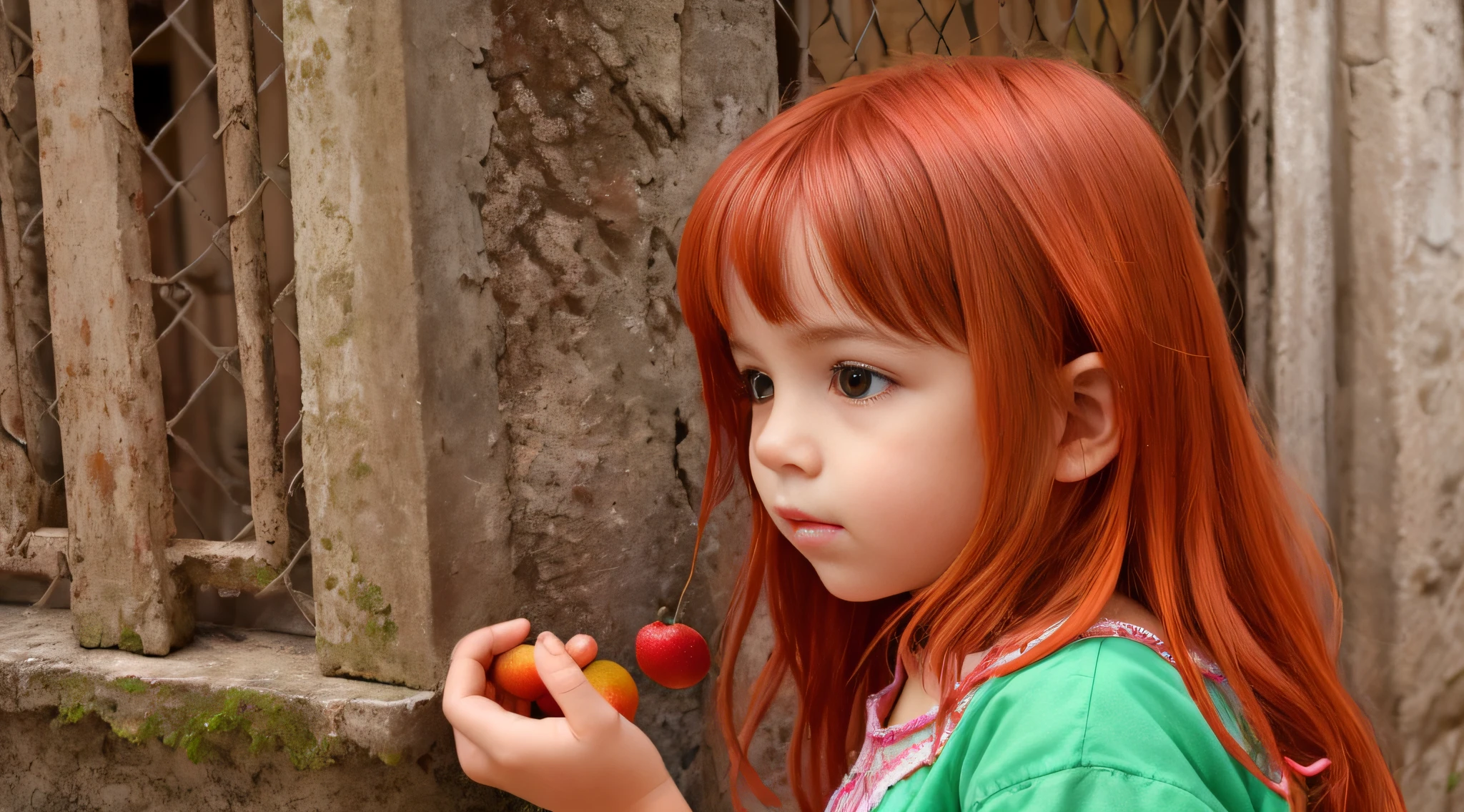 girl CHILD RED HAIR OF TRACINGS, segurando duas LARANJAS na frente de seu rosto, segurando uma LARANJA, comendo frutas podres, an ORANGE hold in hand, segurando LARANJAS.