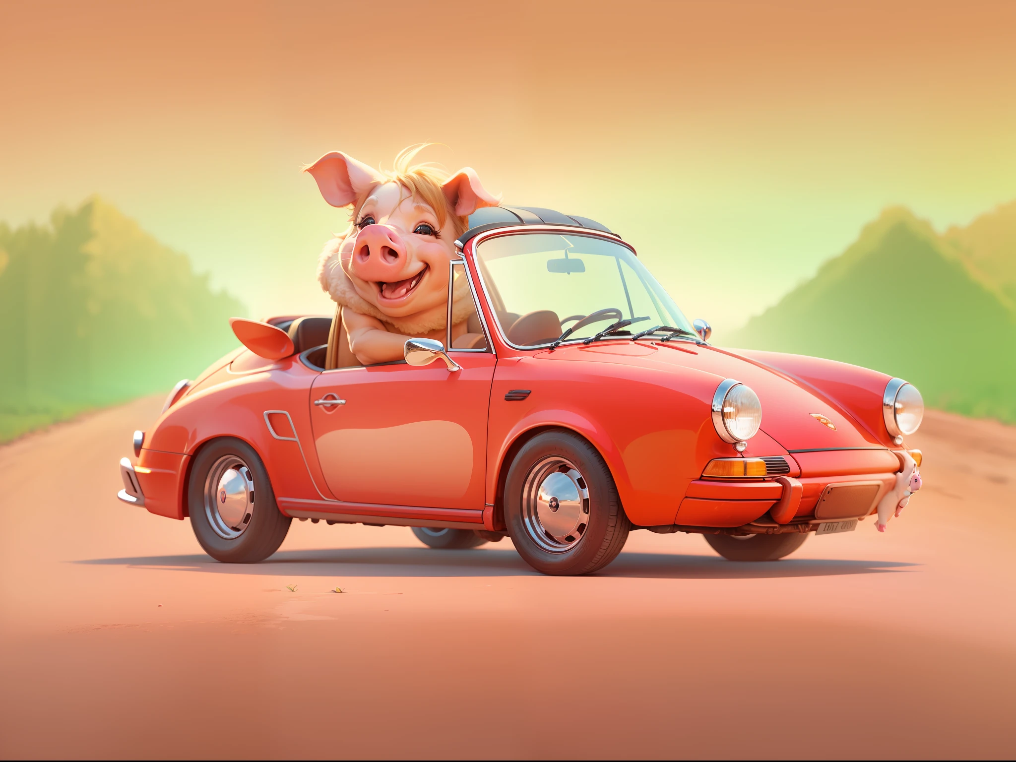 a cartoon pig driving a red porsche cabrio, pixar style, pastel colors, happy mood, front view
