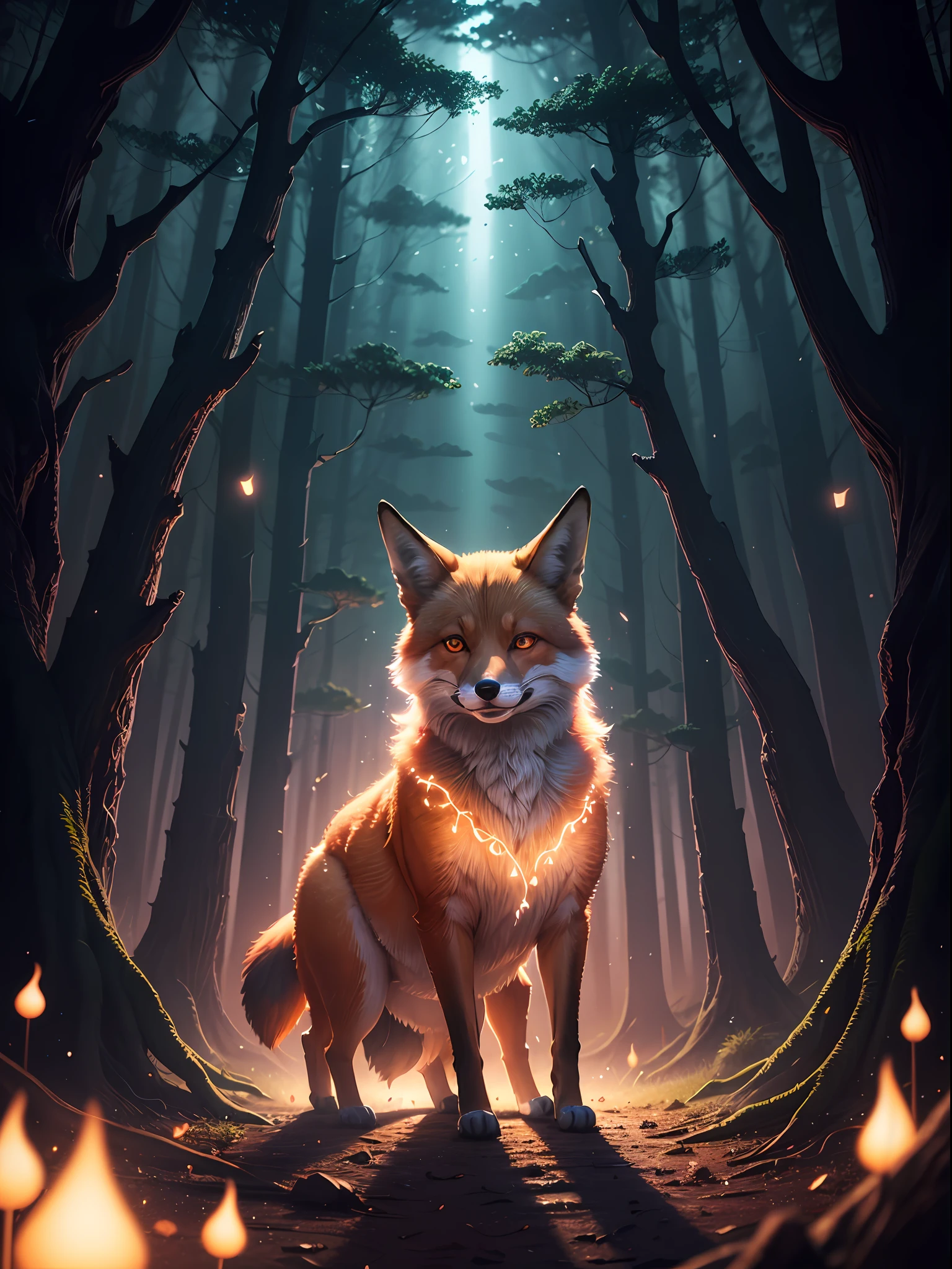 "Enchanting night scene with a mystical forest featuring a captivating glowing fox surrounded by mesmerizing light particles and a stunning light effect. No humans present."