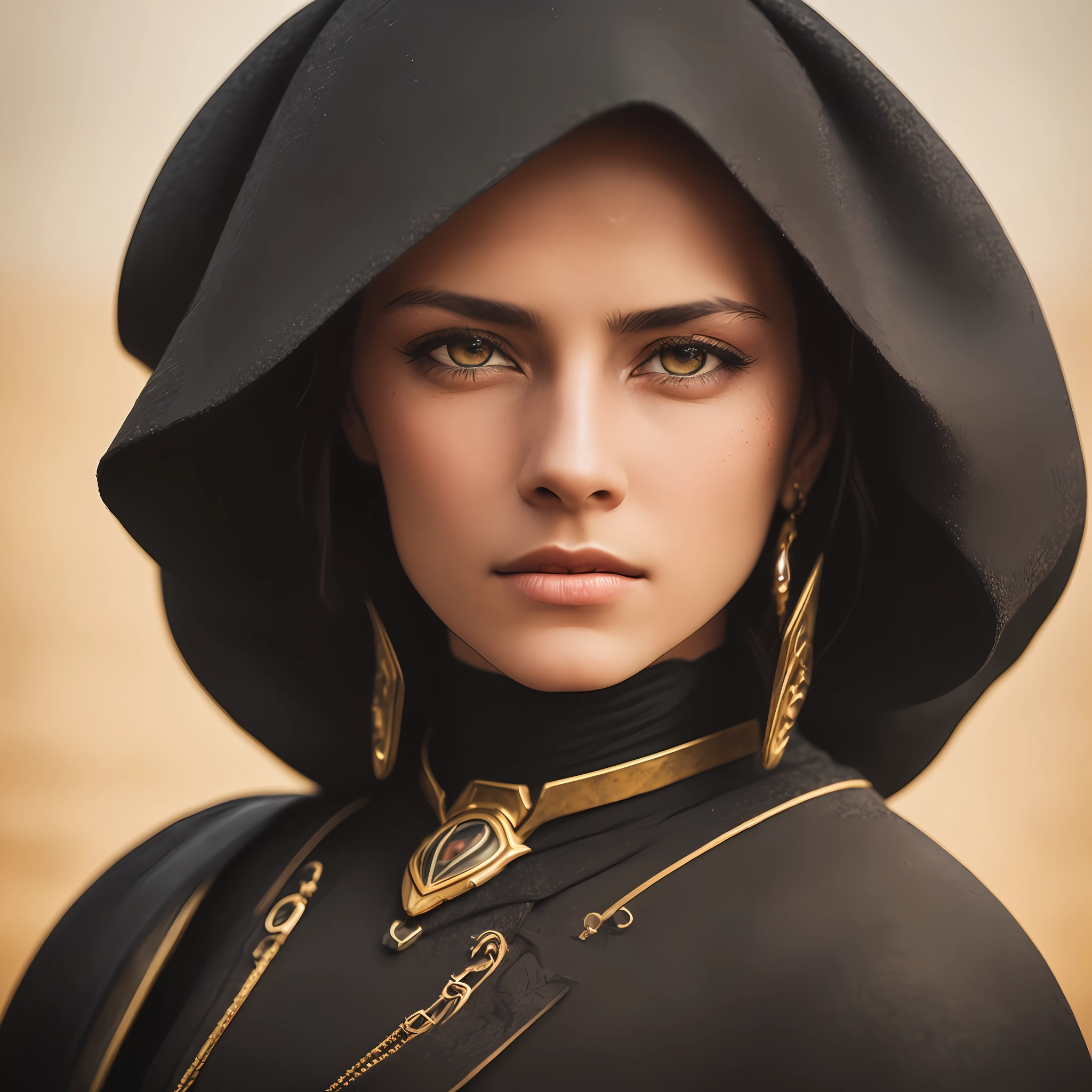 Close-up portrait of Dune Citadel (The Dark Rider), The hair is covered with a fantastic turban, beard, transparent black veil, The composition is balanced and dynamic, mist, (Detail Skin, skin texture), (Intricate, detailed eyes, fine details, hyper-detailing ), Epic cinema, golden hour lighting, Photojournalism, vignette, HDR, Photorealistic, Professional photo, Sharp-focus bokeh, (Photo quality: 1,4)