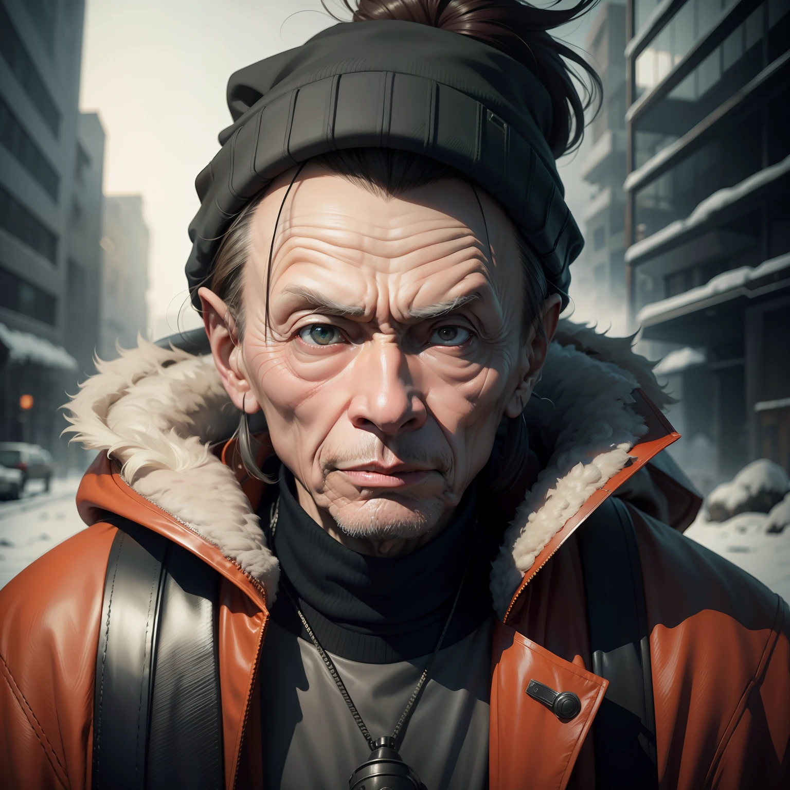 James Hong Lookalike Post Apocalyptic With Winter Outfit With Blasé Scifi Face