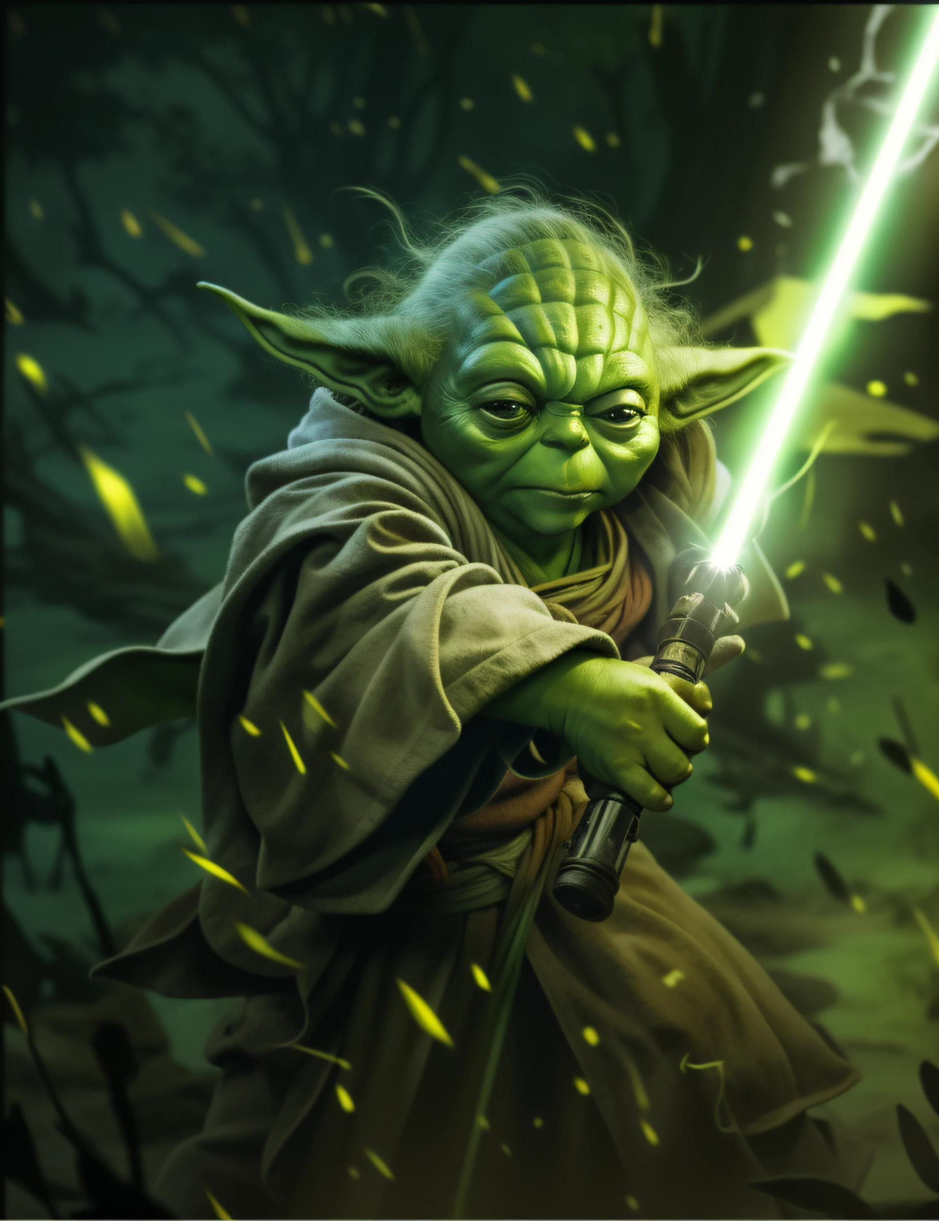 Yoda segurando um sabre de luz em um fundo destruido , Yoda Retrato da Arte da Fantasia, Mestre Yoda, Mestre Jedi, Personagem de Star Wars,