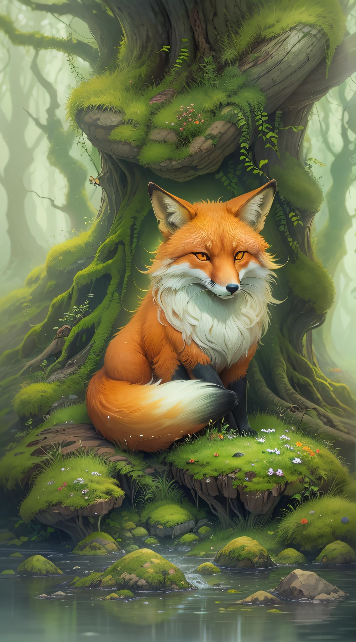 In the heart of a lush, mystical forest lies a hidden clearing where a ghostly fox emerges from the mist, his form constantly oscillating between opaque and translucent. The white and blue hues of his fur create an ethereal, dreamlike aura, making him resemble a creature of myth and legend. The clearing is filled with ancient trees adorned with luminescent moss that emits a soft, enchanting glow. The air is charged with magic and the surrounding area is filled with the faint whispers of forest spirits. The atmosphere is one of enchantment and wonder, as if the clearing existed in a realm where reality and fantasy intertwine. The style of this image is a captivating sculpture, created with a blend of traditional carving techniques and modern materials to bring the fox's ghostly appearance to life. The sculpture is lit from within, enhancing the mystical mood of the scene and creating a mesmerizing centerpiece that captures the viewer's imagination.