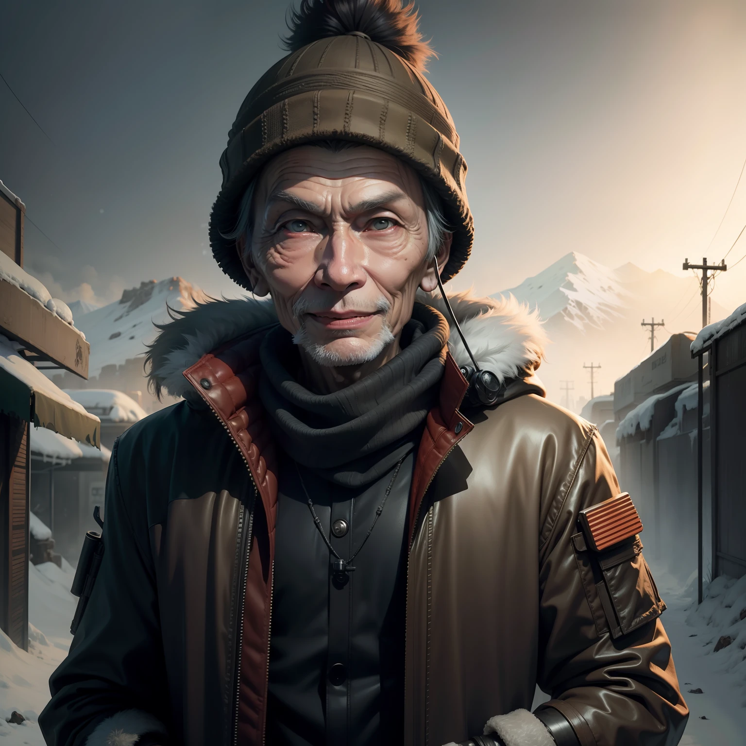 James Hong Lookalike Post Apocalyptic With Winter Outfit With Happy Face Scifi