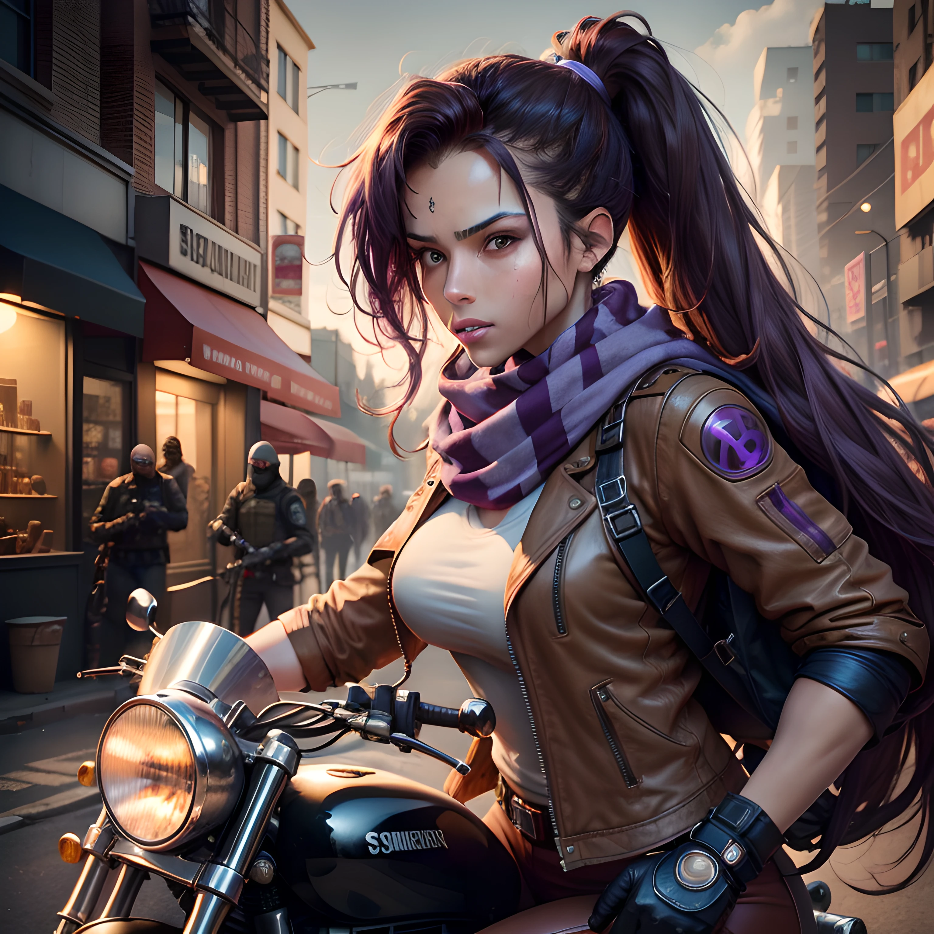 8k resolution, 1 woman, riding motorbike, vintage bike, metallic right arm, cyberpunk, brown skin, long brown hair, purple dyed hair, brown and purple hair, metal arm, arm replacement, scarf covering face, bike leathers, tough, dirty, hd, ultra realistic, scarred, sniper rifle on back, young, a cup tits, metal arm, gun on back, sniper rifle, brown jacket, hair in ponytail