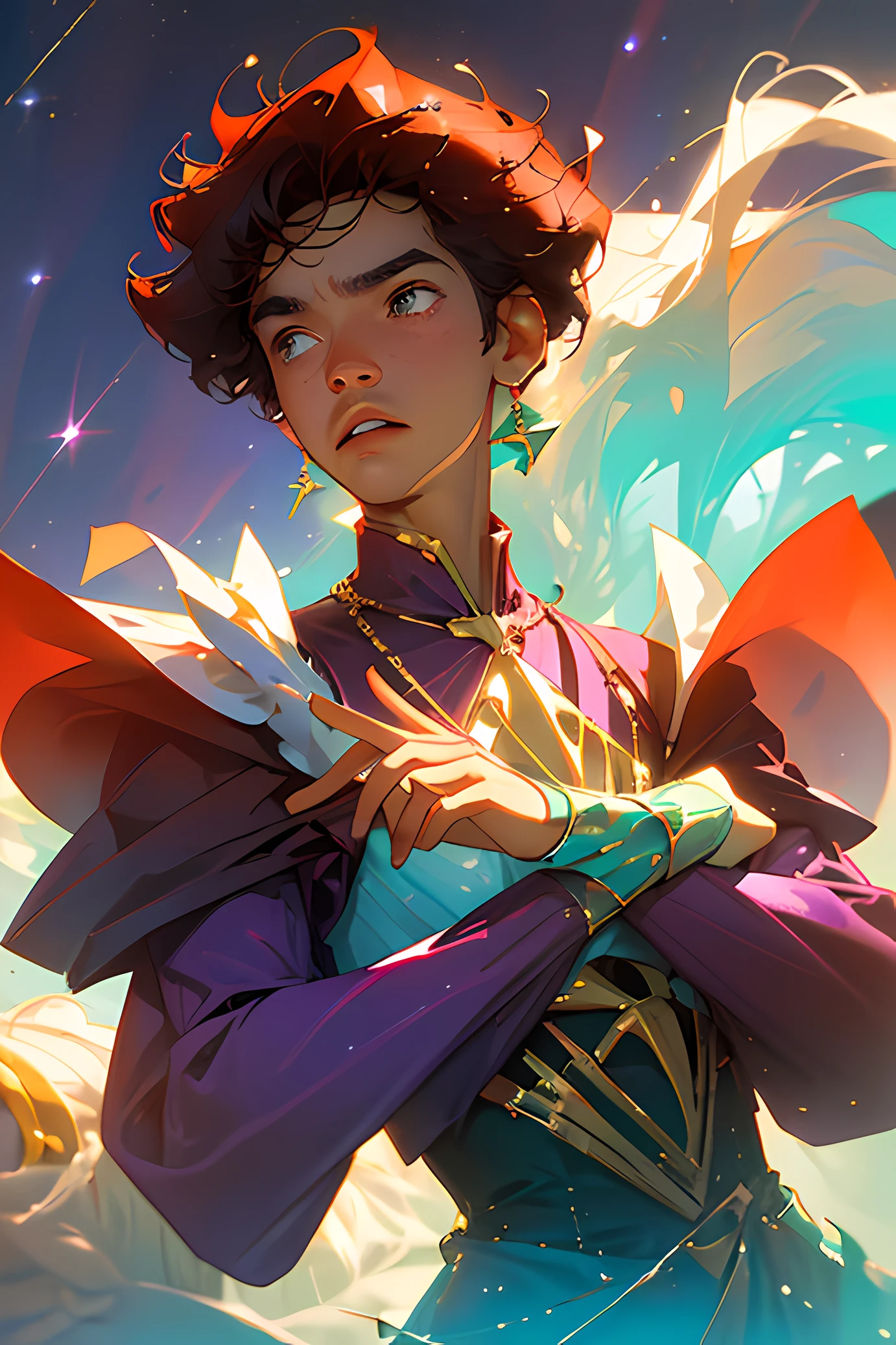 The Official Artwork, Masterpiece, Sharp Focus, A Teenage Boy (Handsome brown South American teenager with short curly red hair, wearing crimson colored suit with assorted gold accents, bracelets, rings and assorted red, purple, blue, green crystals , yellows, pinks, blacks and whites : 1.3), South American, realistic, ultra detailed, cute boys, blue sky, bright white particle, (side lighting: 1.2), sunlight, white cloud, detailed clouds, rosy sunset, starry sky (Low opacity:1.1) scenery, building, (village:1.7) A village with big cherry trees and bamboos that highlight a gigantic magic tower in the center of the village, epic scenery.