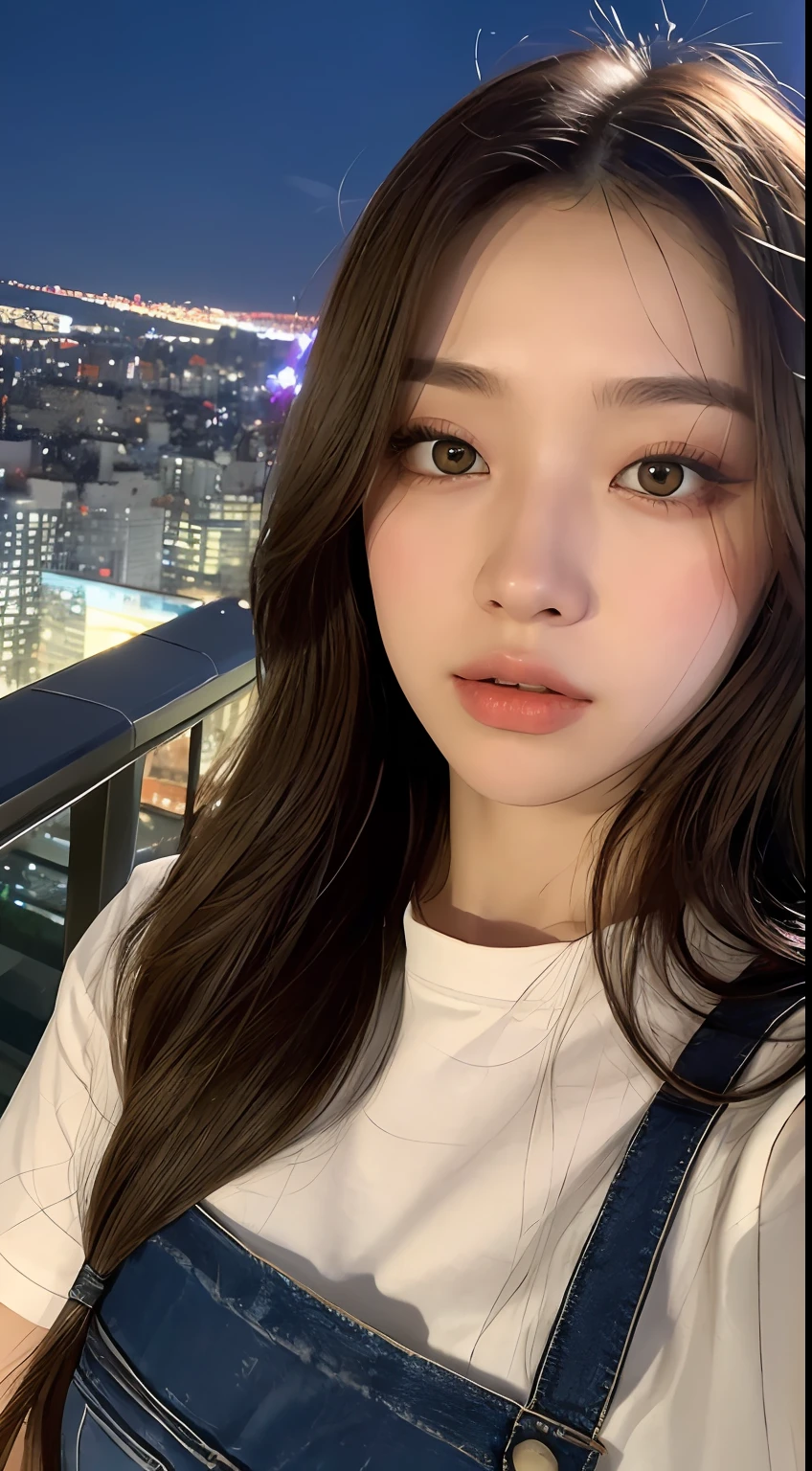 ((Midnight, Best Quality, 8k, Masterpiece: 1.3)), Above the waist, Long legs, Sharp Focus: 1.2, Pretty woman with perfect figure: 1.4, ((Brown hair, big: 1.2)), (Sheer white tight T-shirt, Jean bib, Standing: 1.2), ((Night city view, rooftop: 1.3)), Very detailed face and skin texture, Detailed eyes, Double eyelids, black eyes, night view, The Light of the City Lights