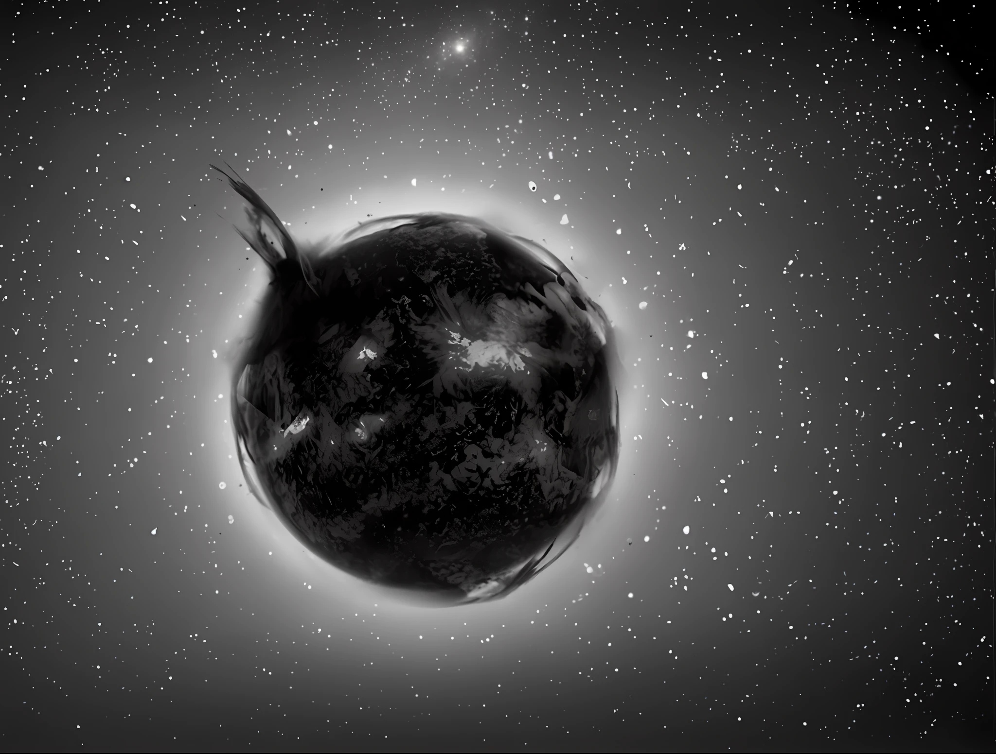 Uma foto em preto e branco de um planeta com uma estrela ao fundo, destroyed planet, Lua atingindo a Terra, A Lua colide com a Terra, A Lua colidindo com a Terra, Lua colide com a Terra, Devorando um planeta, Sentinela gigante caiu na Terra, surreal nuclear eclipse explosion, video still, apocalyptic spherical explosion, planetas caindo, magnetosfera texturizada realista