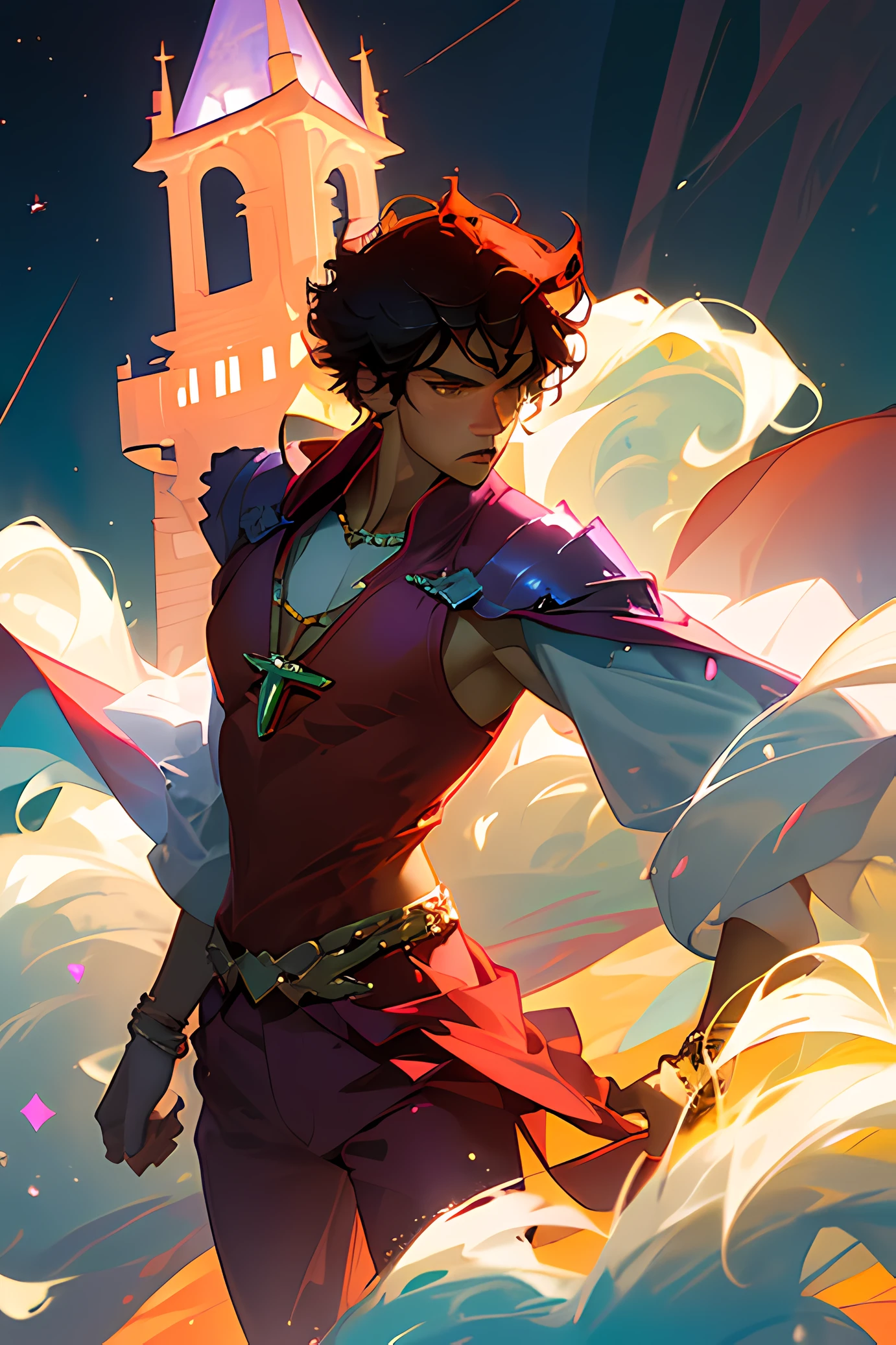 The Official Artwork, Masterpiece, Sharp Focus, A Teenage Boy (Handsome brown South American teenager with short curly red hair, wearing crimson colored suit with assorted gold accents, bracelets, rings and assorted red, purple, blue, green crystals , yellows, pinks, blacks and whites : 1.3), South American, realistic, ultra detailed, cute boys, blue sky, bright white particle, (side lighting: 1.2), sunlight, white cloud, detailed clouds, rosy sunset, starry sky (Low opacity:1.1) scenery, building, (village:1.7) A village with big cherry trees and bamboos that highlight a gigantic magic tower in the center of the village, epic scenery.