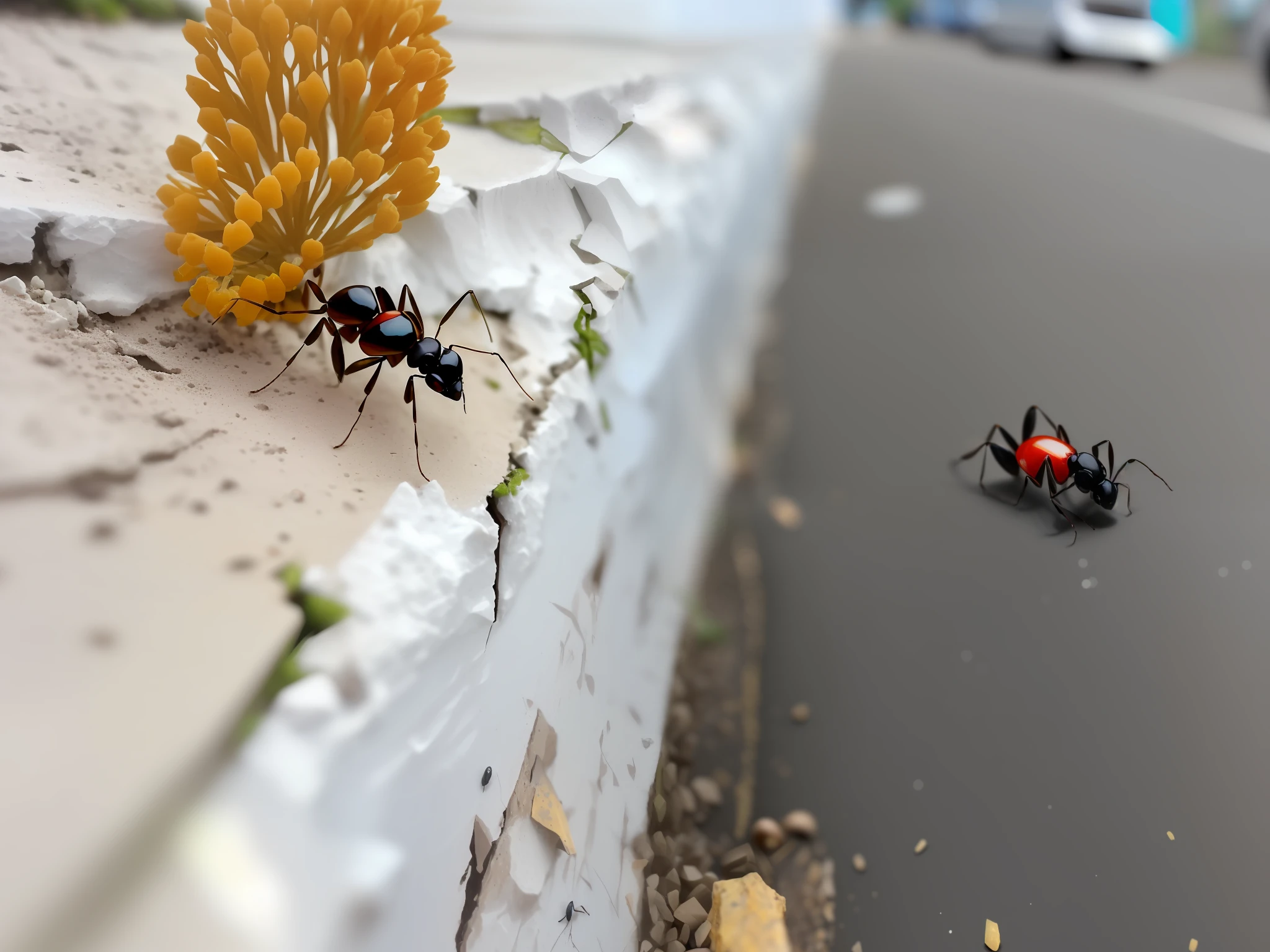 There is a large ant that is standing on a wall, perspectiva da formiga, Pairando sobre Ant POV, POV de uma formiga, ant pov from the floor, POV Formiga, Vista de formiga, em, Vision of the ant's eye, formiga monstruosa, Formigas, sentado em uma folha, Arrefecimento em uma folha, vida de formiga, formigas inteligentes, on sidewalk, ant alien, on sidewalk