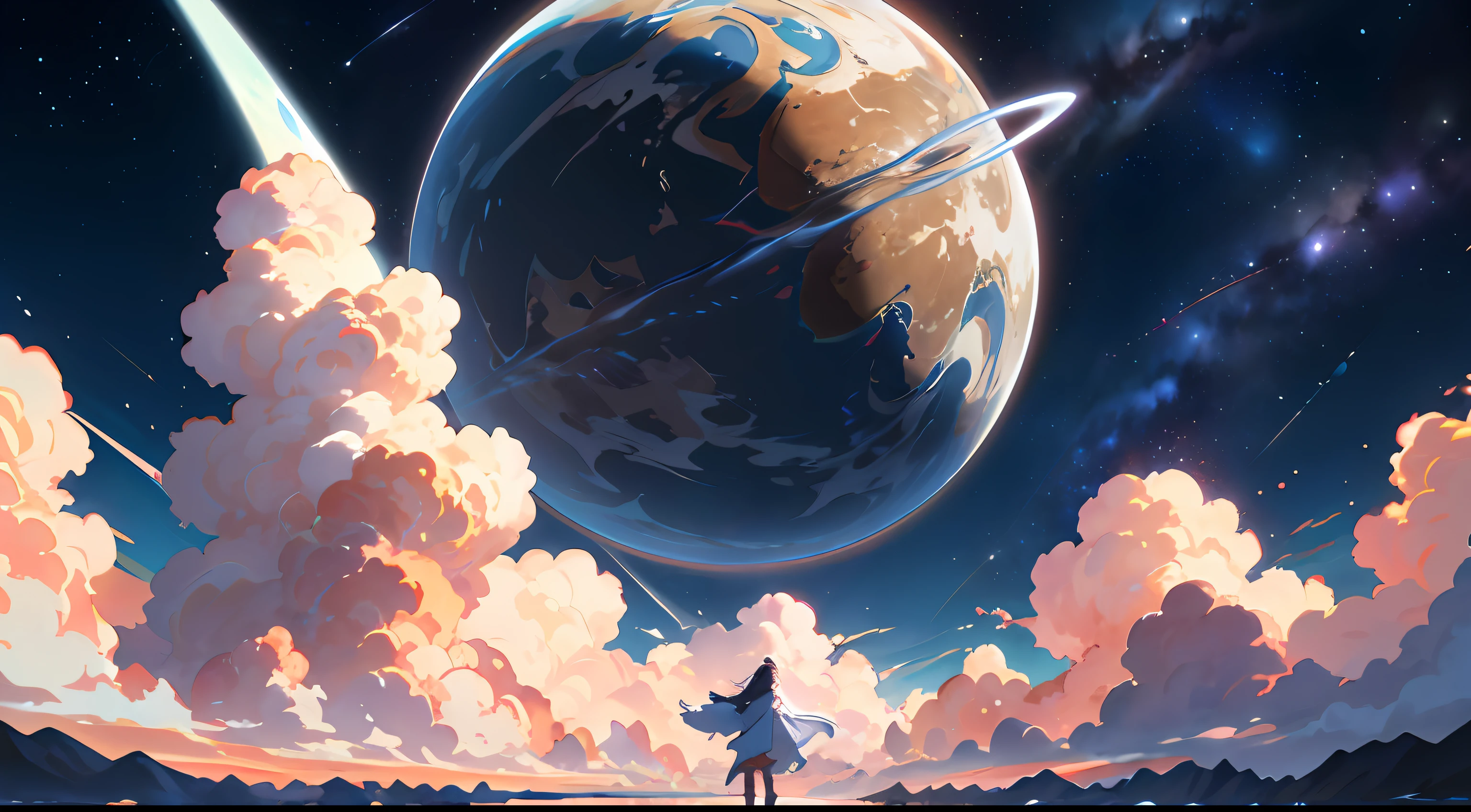 uma garota sentada, Looking Up The Sky, linda garota, sorrindo, Cabelos Longos, vestido longo vermelho, Anime - Scene style of a beautiful sky with a star and a planet, cosmic skies. Art Wallpaper 4K Art Wallpaper 4K Art Wallpaper 8K, 4k anime wallpapers, 4k Wallpapers, 4k Wallpapers, sky of , paper awesome wallpaper, Fundo do animado, heaven planet in background, arte de fundo do anime