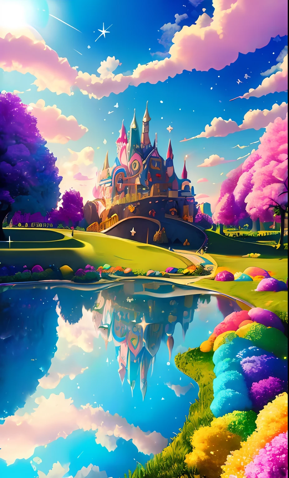 (Masterpiece, best quality:1.3), highly detailed, fantasy, 8k, circus, dynamic, cinematic, ultra-detailed, full background, fantasy, illustration, house, cake, roof, drip, sparkle, glitter, scenery, ((no humans)), drizzle, beautiful, (shiny:1.2),  various colors, gumball machine, monolithic, bloom:0.4, sparkle:0.2, extremely detailed, multicolored theme, castle, gradient sky, (theme park:1.2)