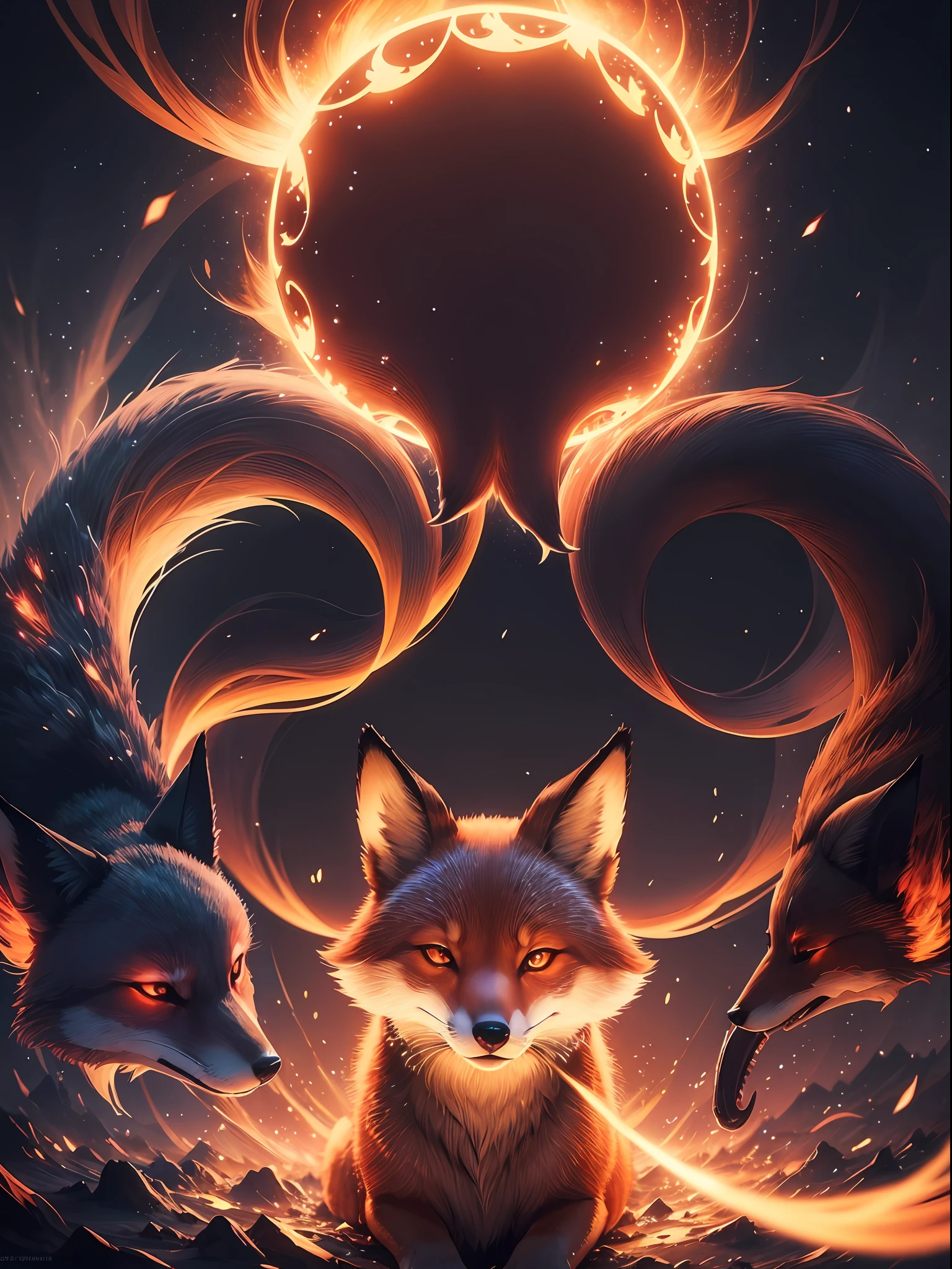 "Enchanting night scene with a Japanese featuring a captivating glowing fox surrounded by mesmerizing light particles and a stunning light effect. No humans present."