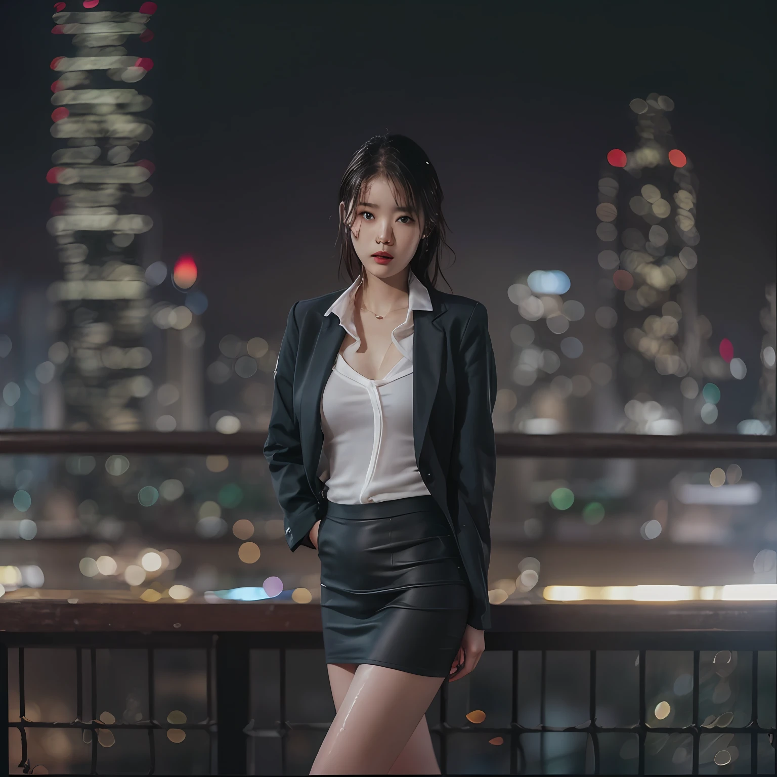 nikon RAW photo,8 k,Fujifilm XT3,photorealistic,realistic, solo, photorealistic, best quality, ultra high res, (skin spots:0.1) serious expression, , standing against a city skyline at night,business suits, short, wet and tight shirt,Suit skirt beautiful, masterpiece, best quality, extremely detailed face, perfect lighting, solo,1girl, sexy sight best quality, ultra high res, photorealistic, ultra detailed, masterpiece, best quality, iu1, big buttocks