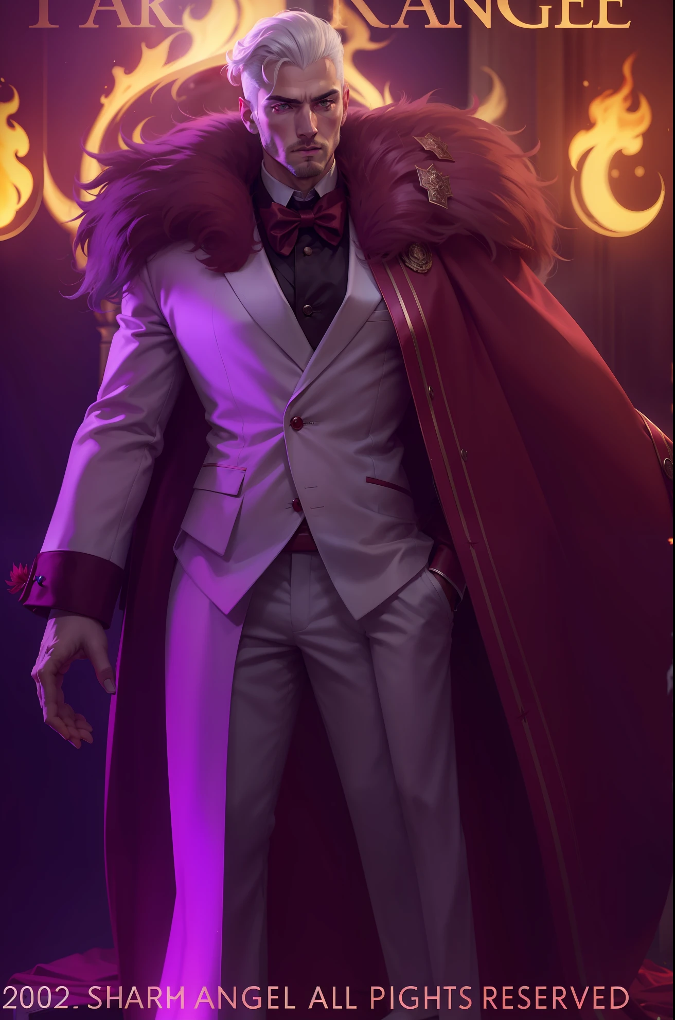 A charismatic young man in a luxurious white suit, fluffy red robe, white hair, white eyebrows, no mustache and no beard, standing straight, with a sharp gaze,best quality, masterpiece, Fire effects, Dark room, cinematic lighting, purple lighting, 8k, ultra detail, ultra realistic, Mafia, Realistic, RAW photo,