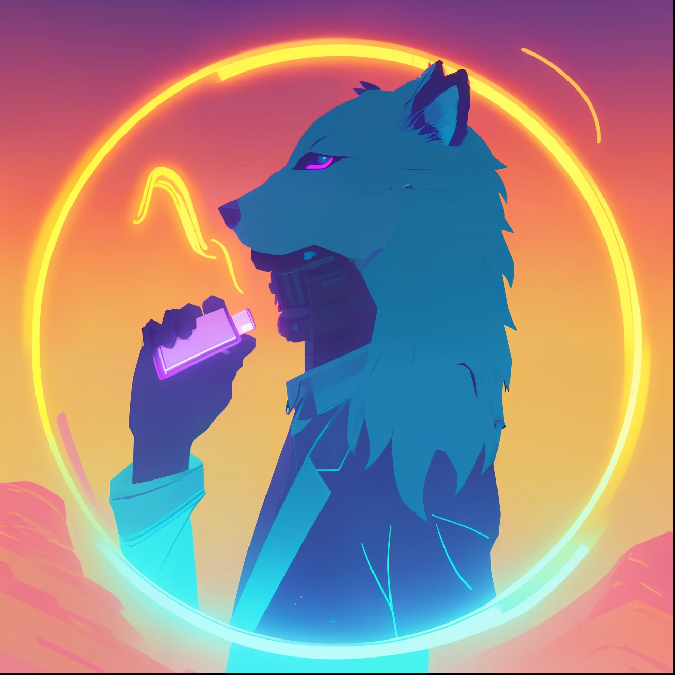 Imagem de um homem de terno falando ao celular, an anthropomorphic wolf, an anthropomorphic cyberpunk fox, Non-style art by Joshy Sly, inspirado em Wolf Huber, anthropomorphic wolf, anthropomorphic wolf male, anthropomorphic coyote male, ( ( ( Synthwave ) ) )