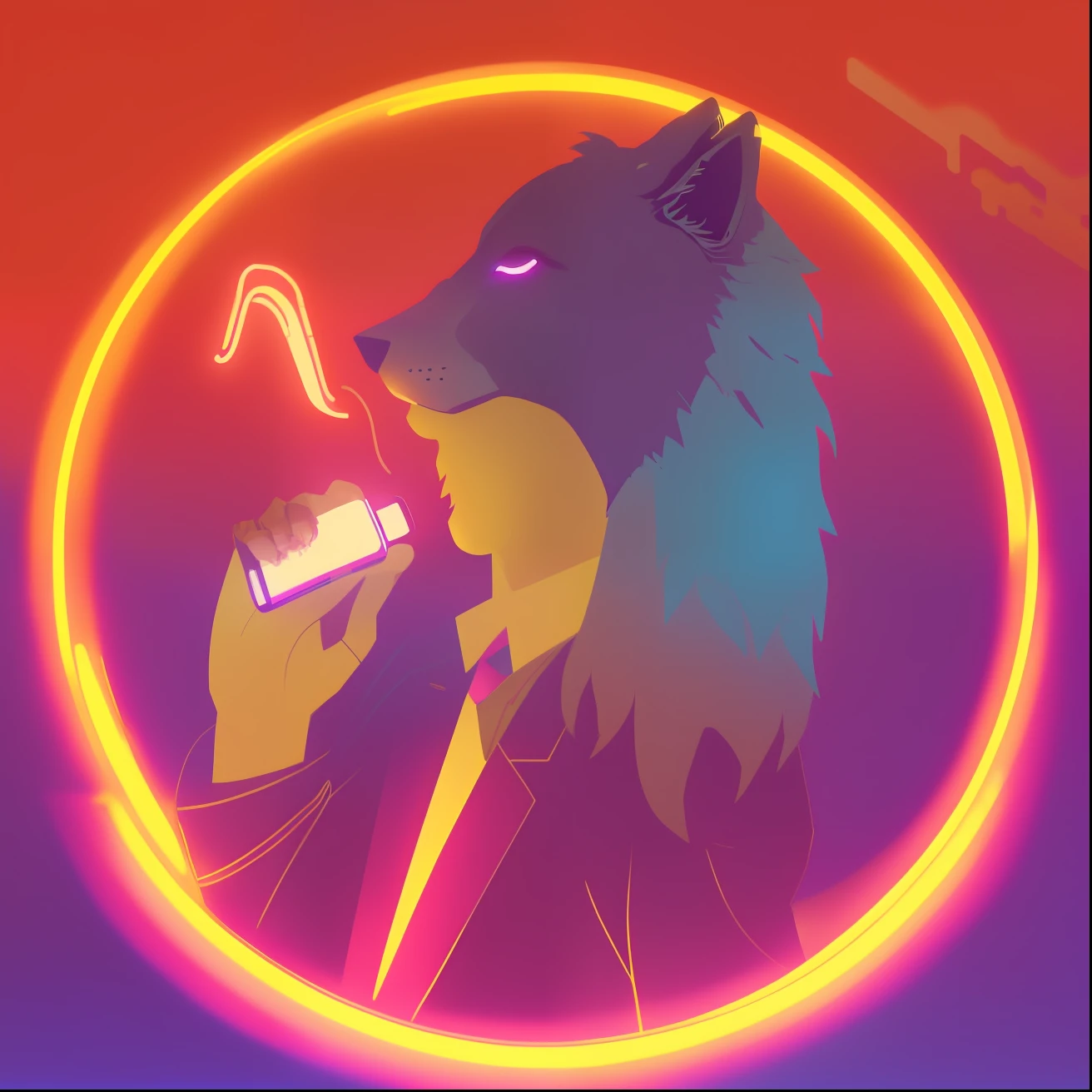 Imagem de um homem de terno falando ao celular, an anthropomorphic wolf, an anthropomorphic cyberpunk fox, Non-style art by Joshy Sly, inspirado em Wolf Huber, anthropomorphic wolf, anthropomorphic wolf male, anthropomorphic coyote male, ( ( ( Synthwave ) ) )