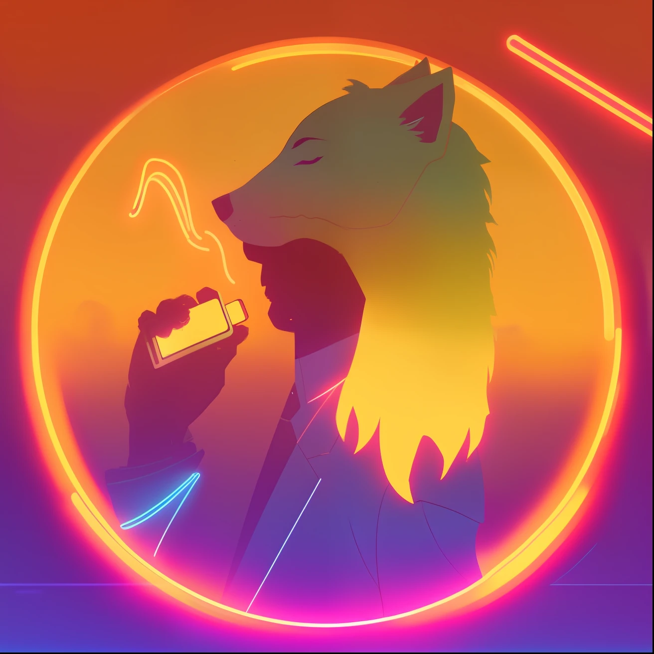 Imagem de um homem de terno falando ao celular, an anthropomorphic wolf, an anthropomorphic cyberpunk fox, Non-style art by Joshy Sly, inspirado em Wolf Huber, anthropomorphic wolf, anthropomorphic wolf male, anthropomorphic coyote male, ( ( ( Synthwave ) ) )