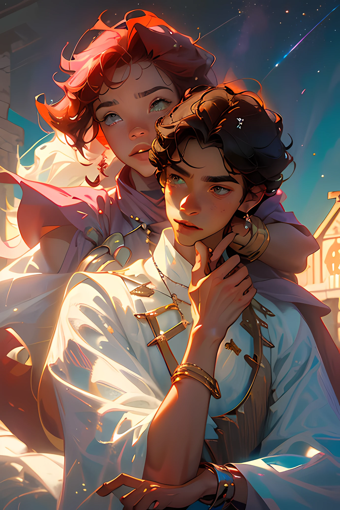 The Official Artwork, Masterpiece, Sharp Focus, A Teenage Boy (Handsome brown South American teenager with short curly red hair, wearing crimson colored suit with assorted gold accents, bracelets, rings and assorted red, purple, blue, green crystals , yellows, pinks, blacks and whites : 1.3), South American, realistic, ultra detailed, handsome hot boy, blue sky, bright white particle, (side lighting: 1.2), sunlight, white cloud, detailed clouds, rosy sunset, starry sky, scenery, building, (village:1.7) A village with big cherry trees and bamboos that highlight a gigantic magic tower in the center of the village, epic scenery.