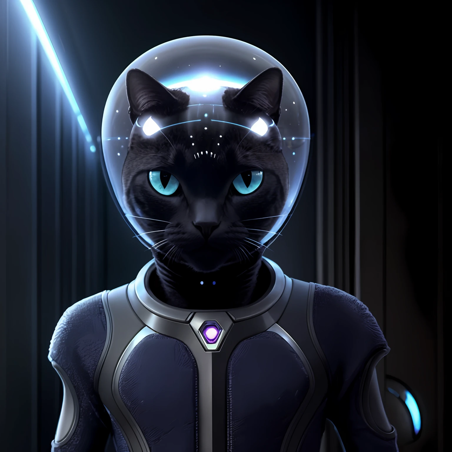 an alien intelligent cat, extraterrestre, Humanoid, roupa de outro planeta, Futuristic, gato com corpo de homem, hairless