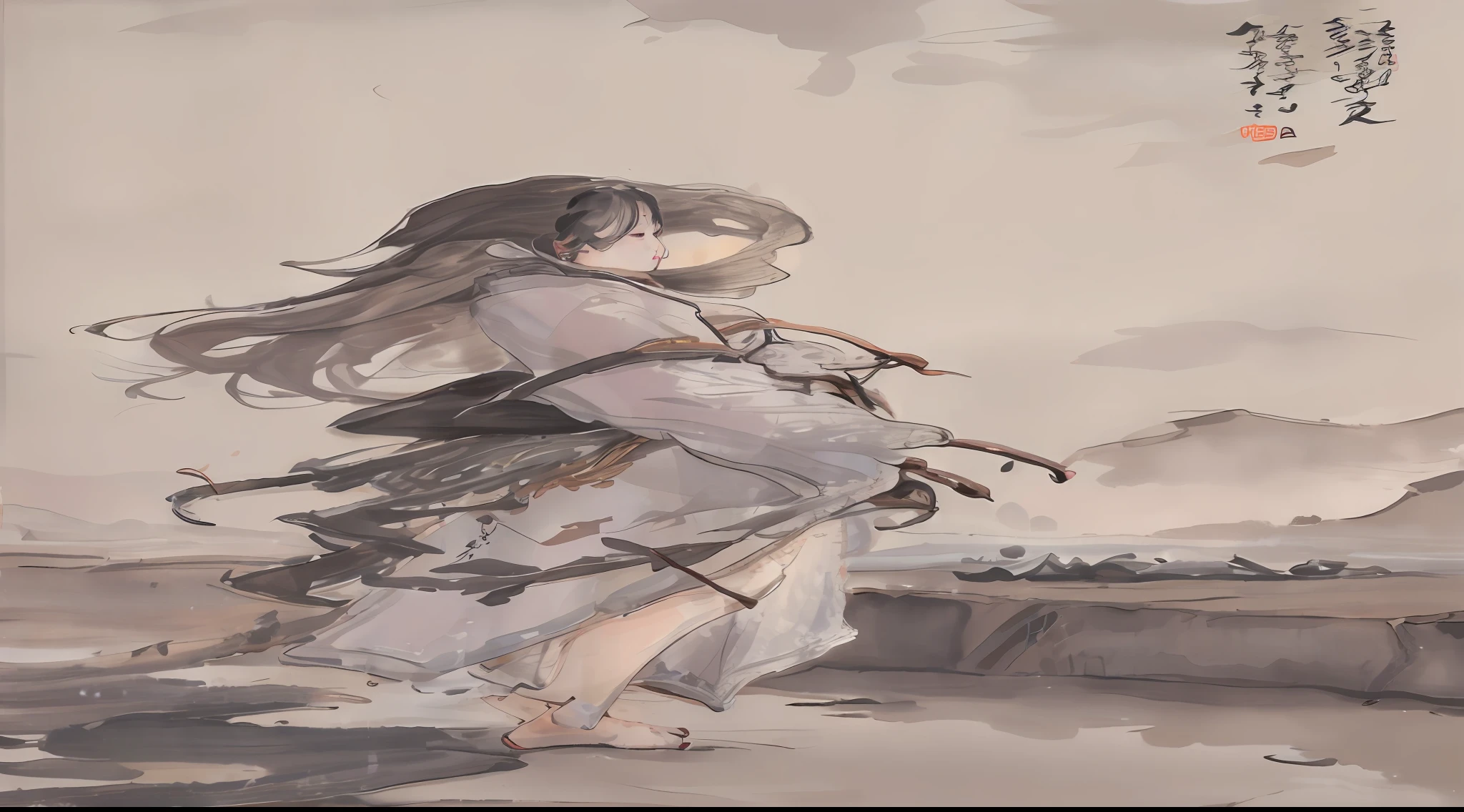 painting of a woman in a long dress holding a sword, flowing hair and long robes, by Yang J, Beautiful character painting, By Zeng Jing, Palace , A girl in Hanfu, author:Zhou Fang, author:Huang Shen, by Ye Xin, author:Xu Xi, Guweiz in Pixiv ArtStation, Guviz, full-body xianxia