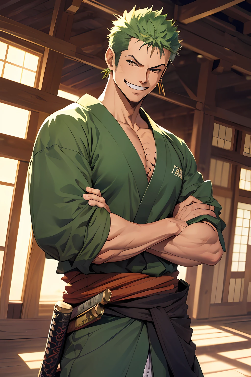 (masterpiece, best quality:1.2), cowboy shot, solo, male focus, 1boy, roronoa zoro, scar, muscular male, grin, looking at viewer, (dual wielding:1.2) katanas, crossed arms, japanese clothes, green kimono