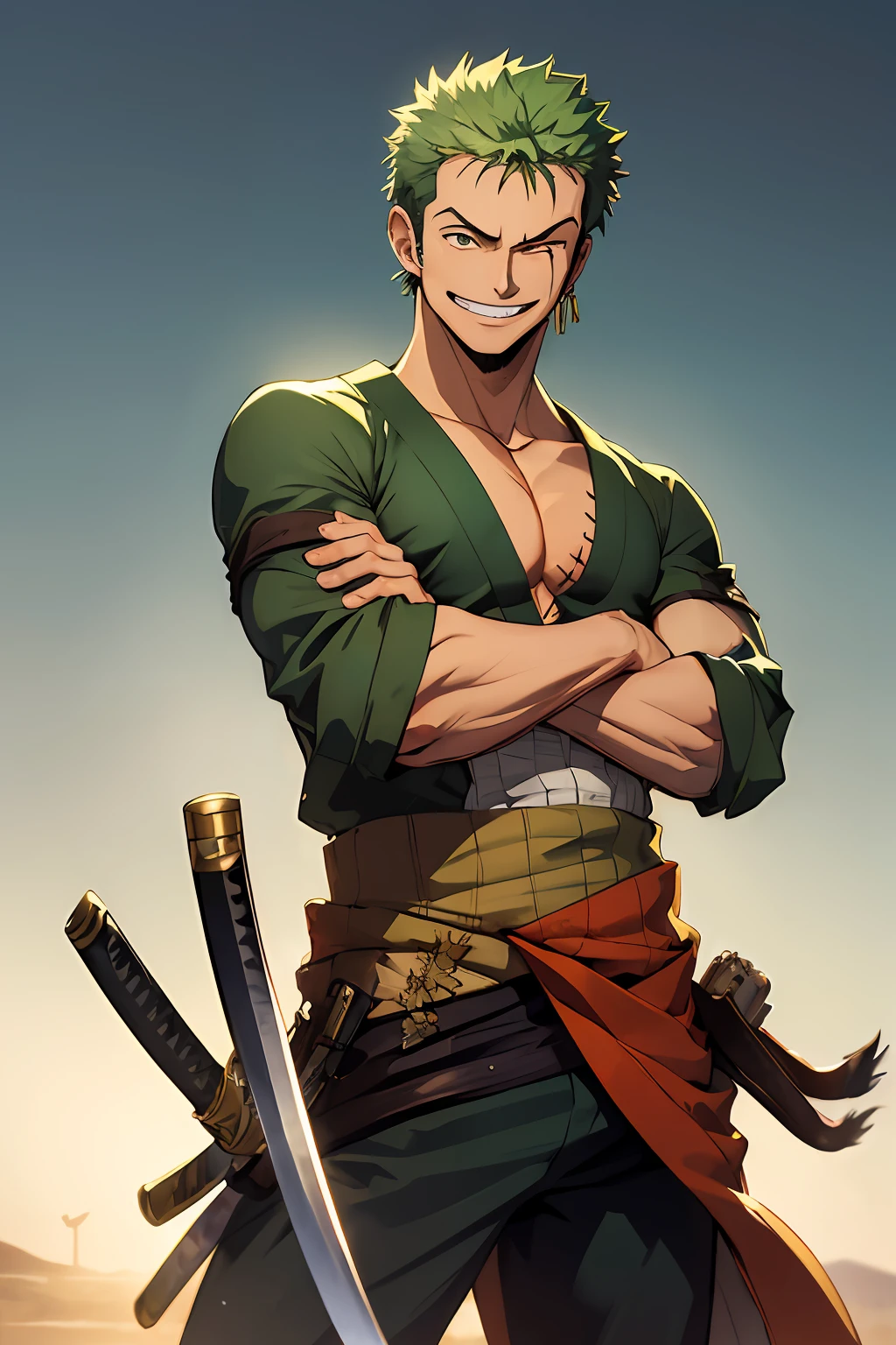 (masterpiece, best quality:1.2), cowboy shot, solo, male focus, 1boy, roronoa zoro, scar, muscular male, grin, looking at viewer, (dual wielding:1.2) katanas, crossed arms, japanese clothes, green kimono