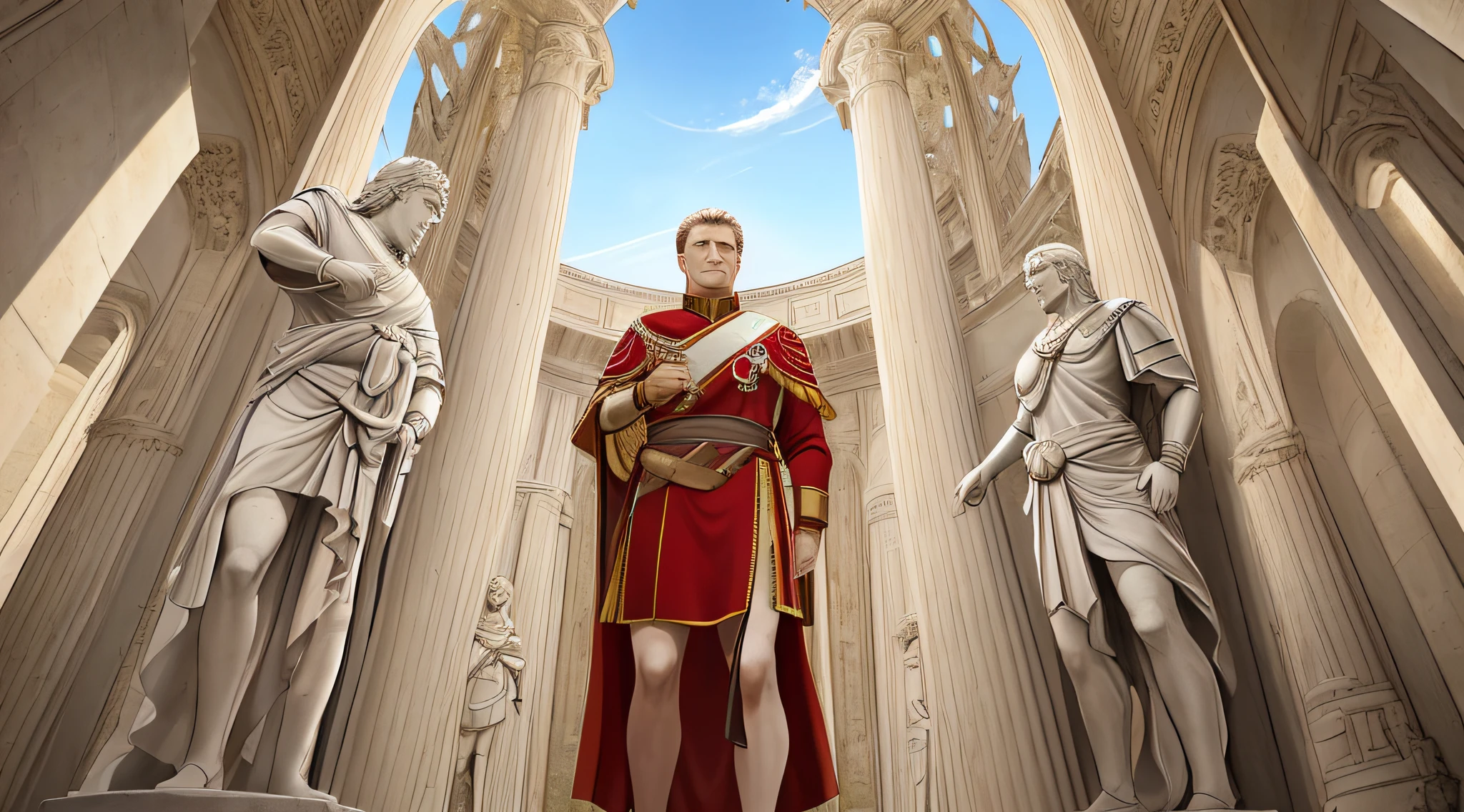 The image depicts the splendor of Julius Caesar's Empire, destacando seu poder e grandiosidade. No centro, an imposing Julius Caesar wears a red toga with gold embroidery, reflecting his authority and prestige as supreme leader. His posture is confident and dominant, evidencing his determination to shape the destiny of Rome.
Ao redor dele, Roman soldiers march in formation, carrying his legions to victories in military conquests. Bandeiras romanas tremulam ao vento, symbolizing the extension of the empire, which stretched across vast lands from Europe to North Africa and part of the Middle East.
From a distance, cities thrive under the rule of Rome, demonstrating the impact of the empire on urbanization and the diffusion of Roman culture. Templos majestosos e arquitetura imponente pontuam a paisagem, representing the influence of religion and imperial power on all aspects of Roman life.
Ademais, important court figures and senators surround Caesar, paying tribute and seeking guidance from their charismatic leader. O senado, once the center of the Roman Republic, agora se submete ao poder absoluto do ditador.
in sky, eagles, symbol of Roman power, fly in circles, protecting the empire and indicating the military supremacy of Rome. The traces of smoke jets indicate the constant movement of the legions and the military campaigns that expand the borders of the empire.
The landscape is punctuated by several columns, monumentos e arcos triunfais, recalling the grandeur of Julius Caesar's military victories and their ability to inspire loyalty and admiration.
This image depicts a period of grandeur and turmoil in Rome's history, capturando o poder, the leadership and vision of Julius Caesar, whose legacy has left an indelible mark on the history of the ancient world and continues to be a source of inspiration and study in modern times.