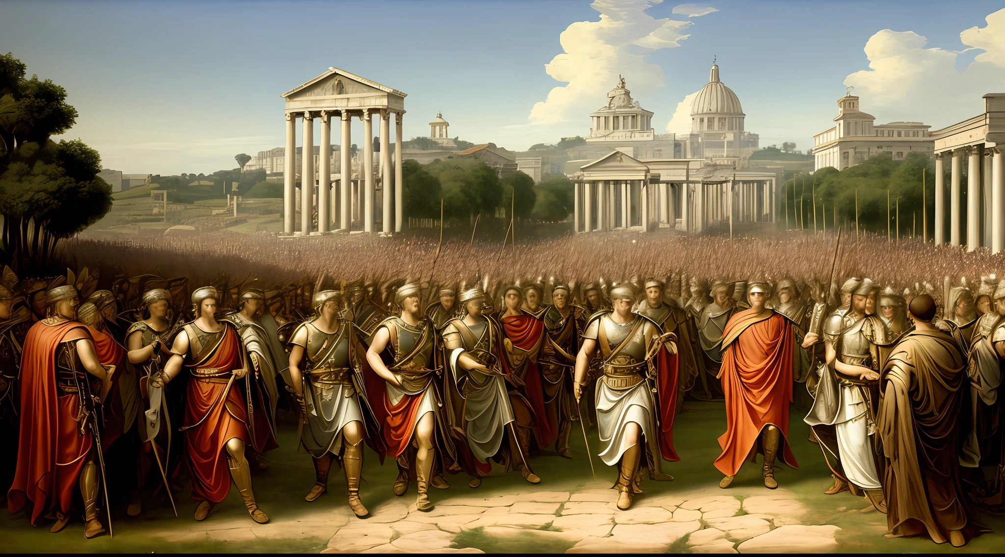 The image depicts the splendor of Julius Caesar's Empire, destacando seu poder e grandiosidade. No centro, an imposing Julius Caesar wears a red toga with gold embroidery, reflecting his authority and prestige as supreme leader. His posture is confident and dominant, evidencing his determination to shape the destiny of Rome.
Ao redor dele, Roman soldiers march in formation, carrying his legions to victories in military conquests. Bandeiras romanas tremulam ao vento, symbolizing the extension of the empire, which stretched across vast lands from Europe to North Africa and part of the Middle East.
From a distance, cities thrive under the rule of Rome, demonstrating the impact of the empire on urbanization and the diffusion of Roman culture. Templos majestosos e arquitetura imponente pontuam a paisagem, representing the influence of religion and imperial power on all aspects of Roman life.
Ademais, important court figures and senators surround Caesar, paying tribute and seeking guidance from their charismatic leader. O senado, once the center of the Roman Republic, agora se submete ao poder absoluto do ditador.
in sky, eagles, symbol of Roman power, fly in circles, protecting the empire and indicating the military supremacy of Rome. The traces of smoke jets indicate the constant movement of the legions and the military campaigns that expand the borders of the empire.
The landscape is punctuated by several columns, monumentos e arcos triunfais, recalling the grandeur of Julius Caesar's military victories and their ability to inspire loyalty and admiration.
This image depicts a period of grandeur and turmoil in Rome's history, capturando o poder, the leadership and vision of Julius Caesar, whose legacy has left an indelible mark on the history of the ancient world and continues to be a source of inspiration and study in modern times.