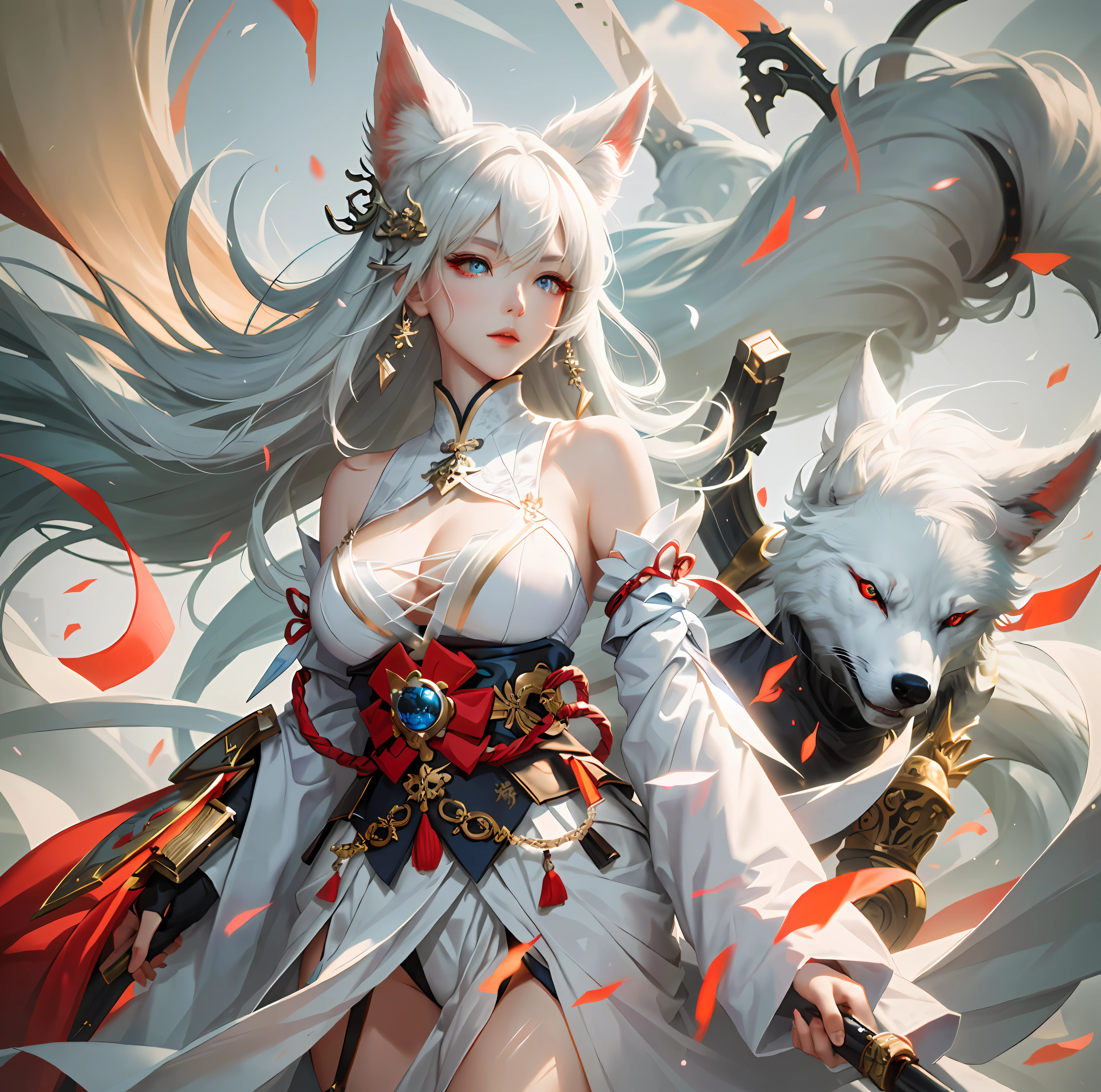 White wolf with red eyeballs。white wolf，white fox