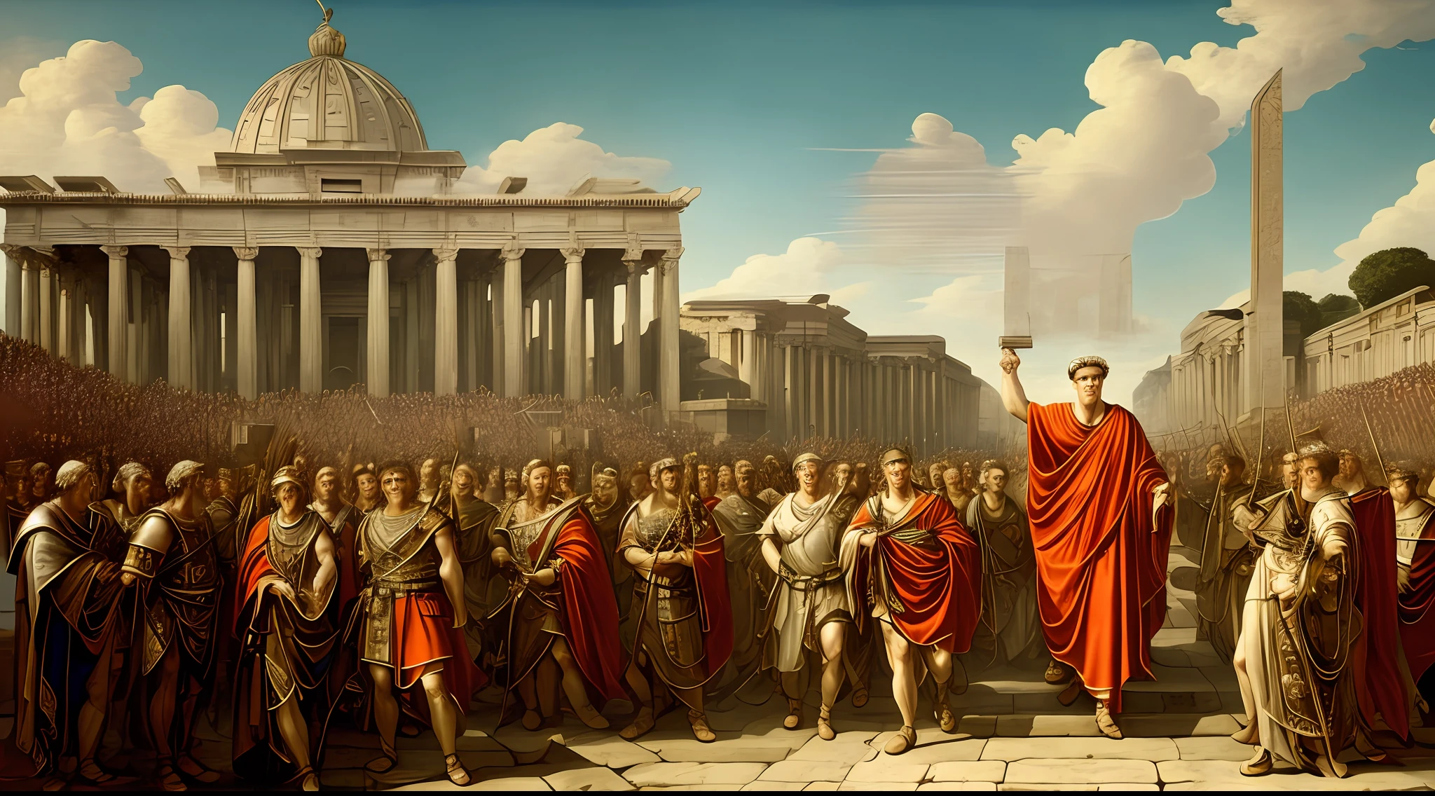 The image depicts the splendor of Julius Caesar's Empire, destacando seu poder e grandiosidade. No centro, an imposing Julius Caesar wears a red toga with gold embroidery, reflecting his authority and prestige as supreme leader. His posture is confident and dominant, evidencing his determination to shape the destiny of Rome.

Ao redor dele, Roman soldiers march in formation, carrying his legions to victories in military conquests. Bandeiras romanas tremulam ao vento, symbolizing the extension of the empire, which stretched across vast lands from Europe to North Africa and part of the Middle East.

From a distance, cities thrive under the rule of Rome, demonstrating the impact of the empire on urbanization and the diffusion of Roman culture. Templos majestosos e arquitetura imponente pontuam a paisagem, representing the influence of religion and imperial power on all aspects of Roman life.

Ademais, important court figures and senators surround Caesar, paying tribute and seeking guidance from their charismatic leader. O senado, once the center of the Roman Republic, agora se submete ao poder absoluto do ditador.

in sky, eagles, symbol of Roman power, fly in circles, protecting the empire and indicating the military supremacy of Rome. The traces of smoke jets indicate the constant movement of the legions and the military campaigns that expand the borders of the empire.

The landscape is punctuated by several columns, monumentos e arcos triunfais, recalling the grandeur of Julius Caesar's military victories and their ability to inspire loyalty and admiration.

This image depicts a period of grandeur and turmoil in Rome's history, capturando o poder, the leadership and vision of Julius Caesar, whose legacy has left an indelible mark on the history of the ancient world and continues to be a source of inspiration and study in modern times.