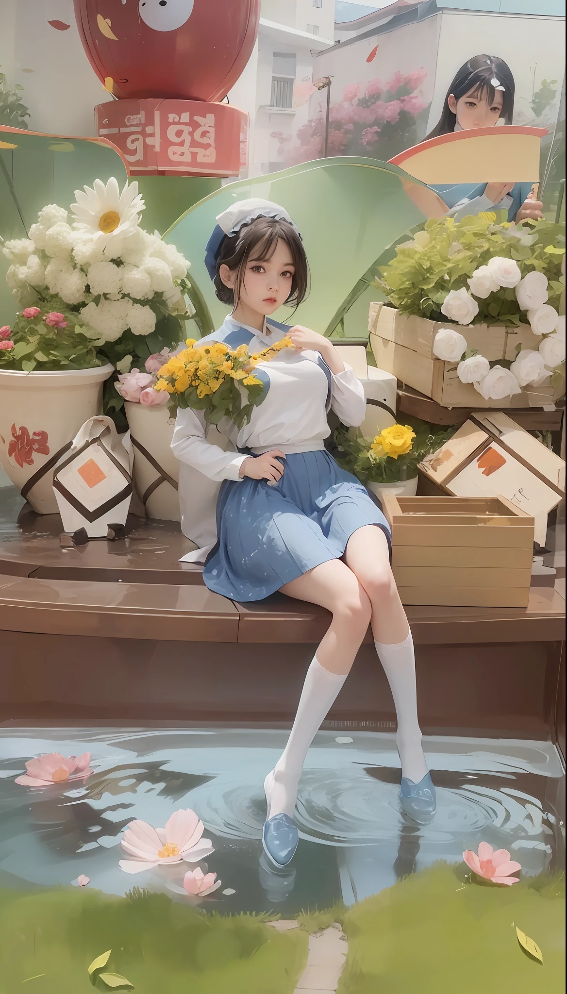 (hyperrealistic), (illustration), (high resolution), (8K), (extremely detailed), (best illustration), (beautiful detailed eyes), (best quality), (super detailed), (masterpiece), (wallpaper), (detailed face), solo, 1 girl, white wavy hair, korean, heterochromic eyes, small moles under the eyes, maid outfit, big breasts, long legs, tight abs, (camel toes), (black stockings), (no panties)