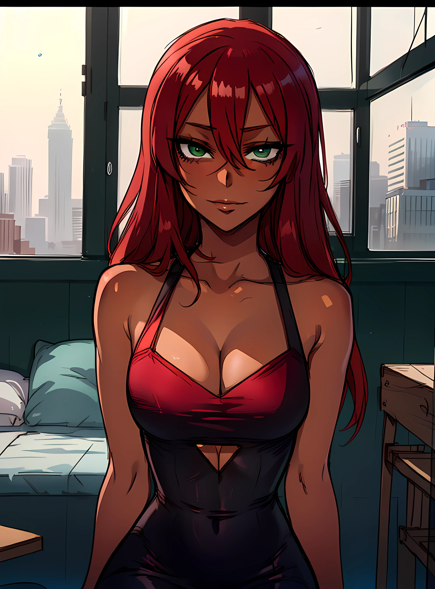 ratatatat74, 1girl, ((anime screencap)), red_hair, long_hair, bare_shoulders, closed_mouth, dark-skinned_female, ((dark_skin)), looking_at_viewer, green_eyes, solo, whole_body, red_hair, small breast, bright red dress,
elegant, seductive (((masterpiece))), ((best quality)), (extremely detailed), watercolor, illustration, depth of field, sketch, hdr, colorful, good composition, perfect lighting,