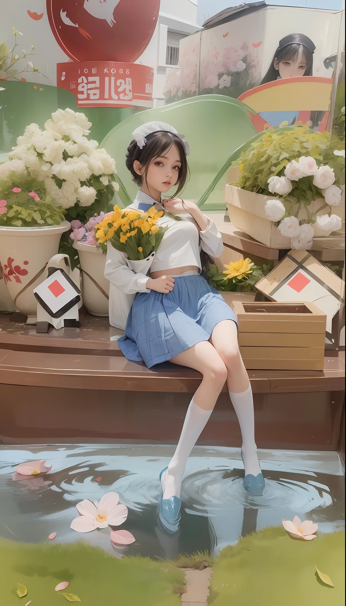 (hyperrealistic), (illustration), (high resolution), (8K), (extremely detailed), (best illustration), (beautiful detailed eyes), (best quality), (super detailed), (masterpiece), (wallpaper), (detailed face), solo, 1 girl, white wavy hair, korean, heterochromic eyes, small moles under the eyes, maid outfit, big breasts, long legs, tight abs, (camel toes), (black stockings), (no panties)