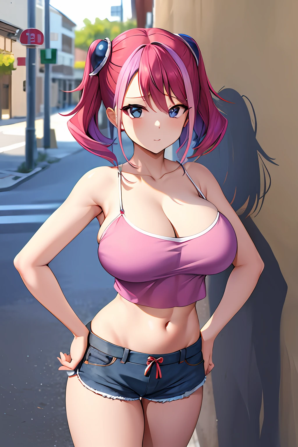 masterpiece, best quality, highres, hy1, hair ornament, multicolored hair, camisole, short shorts, navel, hand on hip, street, huge breasts,