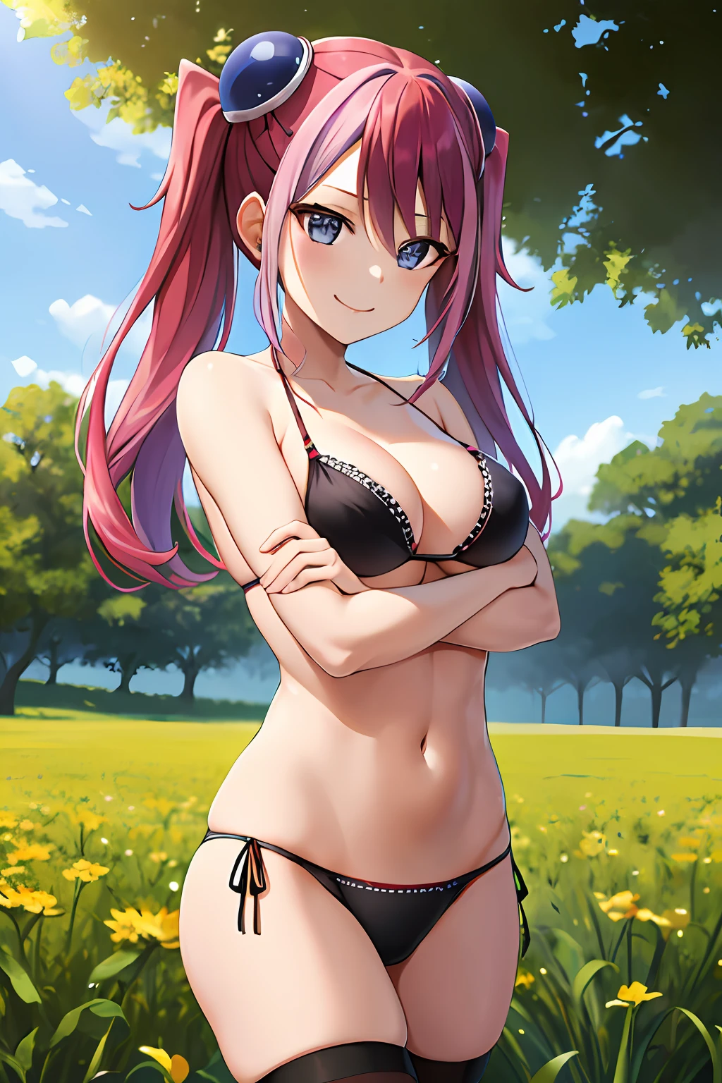 masterpiece, best quality, highres, hy1, hair ornament, multicolored hair, black thighhighs, jewelry, cowboy shot, field, smile, crossed arms, bikini