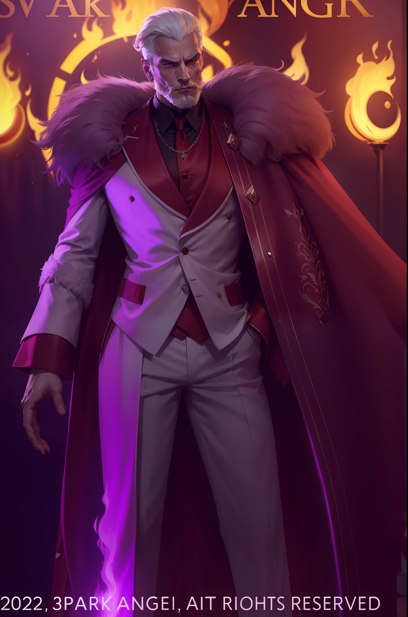 A charismatic man in a luxurious white suit, fluffy red robe, white hair, white eyebrows, no mustache and no beard, standing straight, with a sharp gaze,best quality, masterpiece, Fire effects, Dark room, cinematic lighting, purple lighting, 8k, ultra detail, ultra realistic, Mafia, Realistic, RAW photo,