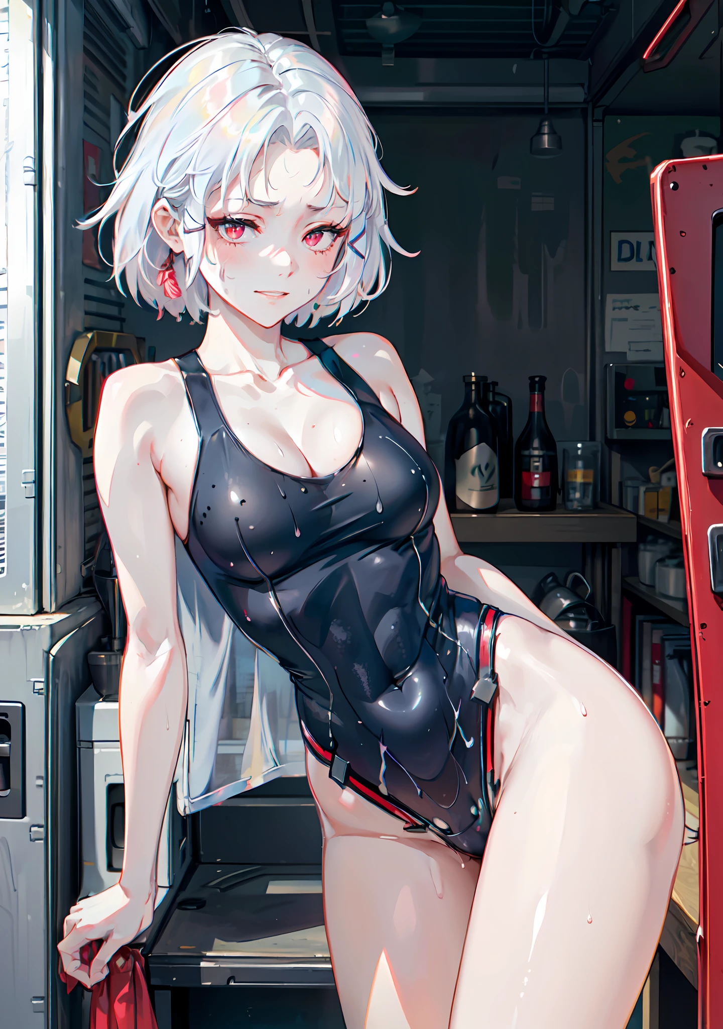 (masterpiece, best quality, high resolution), 1girl, white hair, red eyes, average breasts, blush, light smile, parted lips, glow, thighs, bare shoulders, collarbone, narrow waist, sunbeam, sunlight, rose, wind, cleavage, (beautiful detailed face, beautiful detailed eyes), (white tank top, wet clothes, braless, see-through, cameltoe), (sweat), (naked), (portrait shot)