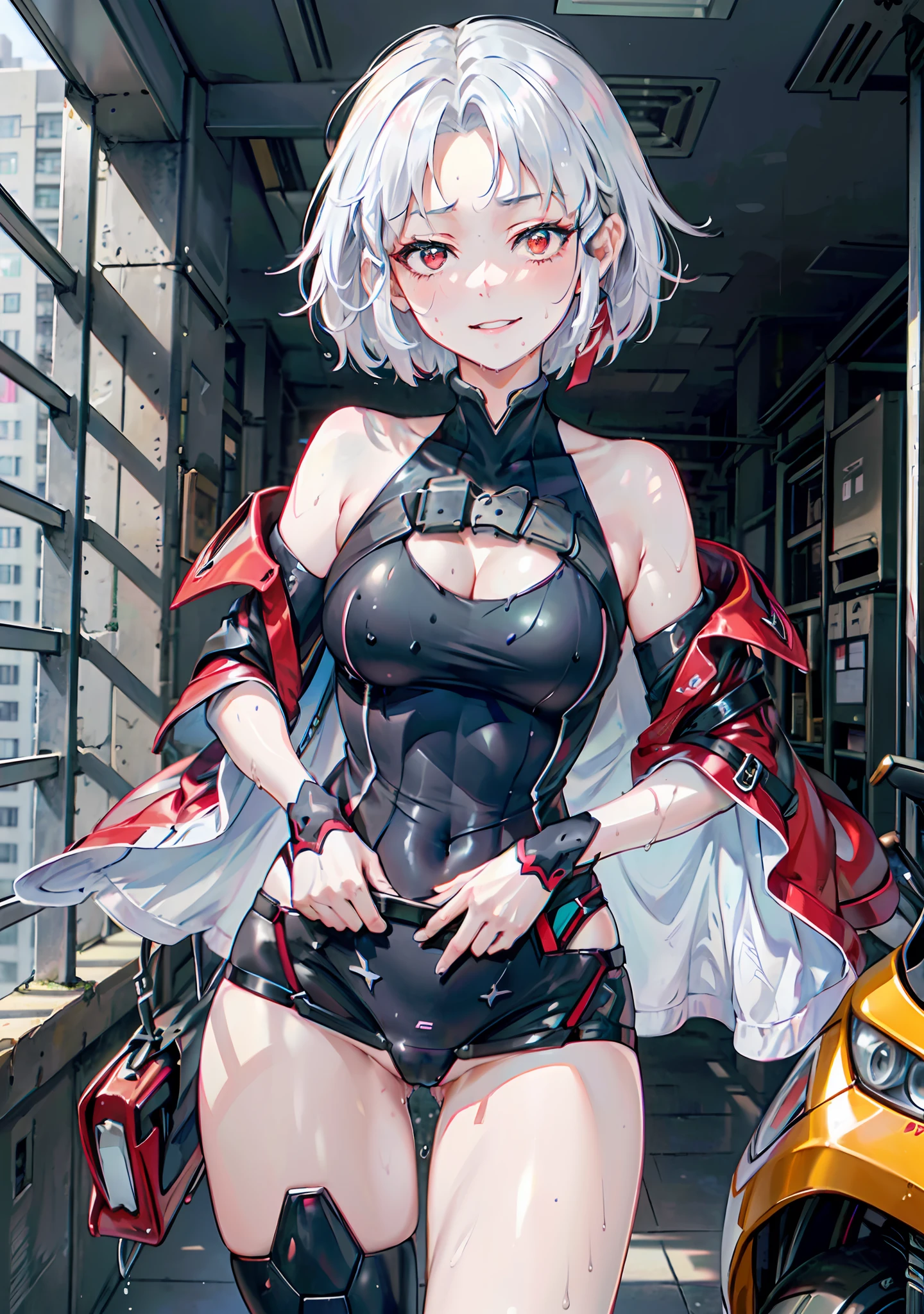 (masterpiece, best quality, high resolution), 1girl, white hair, red eyes, average breasts, blush, light smile, parted lips, glow, thighs, bare shoulders, collarbone, narrow waist, sunbeam, sunlight, rose, wind, cleavage, (beautiful detailed face, beautiful detailed eyes), (white tank top, wet clothes, braless, see-through, cameltoe), (sweat), (naked), (portrait shot)
