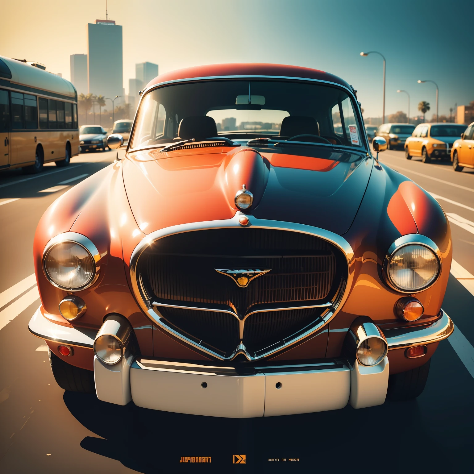 artwork of t-shirt graphic design, flat design of one retro vintage, jaguar, colorful shades, highly detailed clean, vector image, photorealistic masterpiece, professional photography, realistic bus, simple sunrise backdrop for car, flat white background, isometric, vibrant vector, white blackground