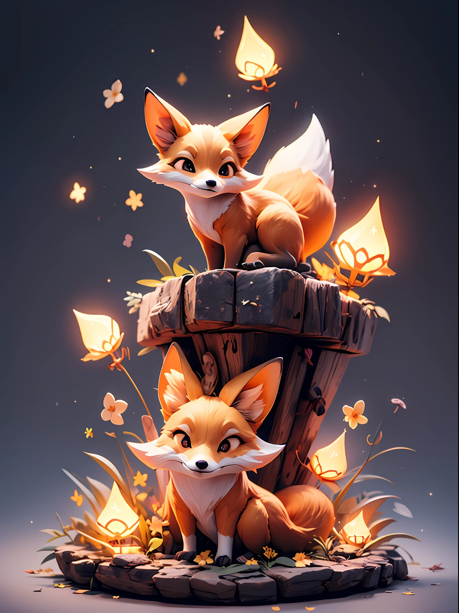 "Enchanting night scene with a Japanese featuring a captivating glowing fox surrounded by mesmerizing light particles and a stunning light effect. No humans present."