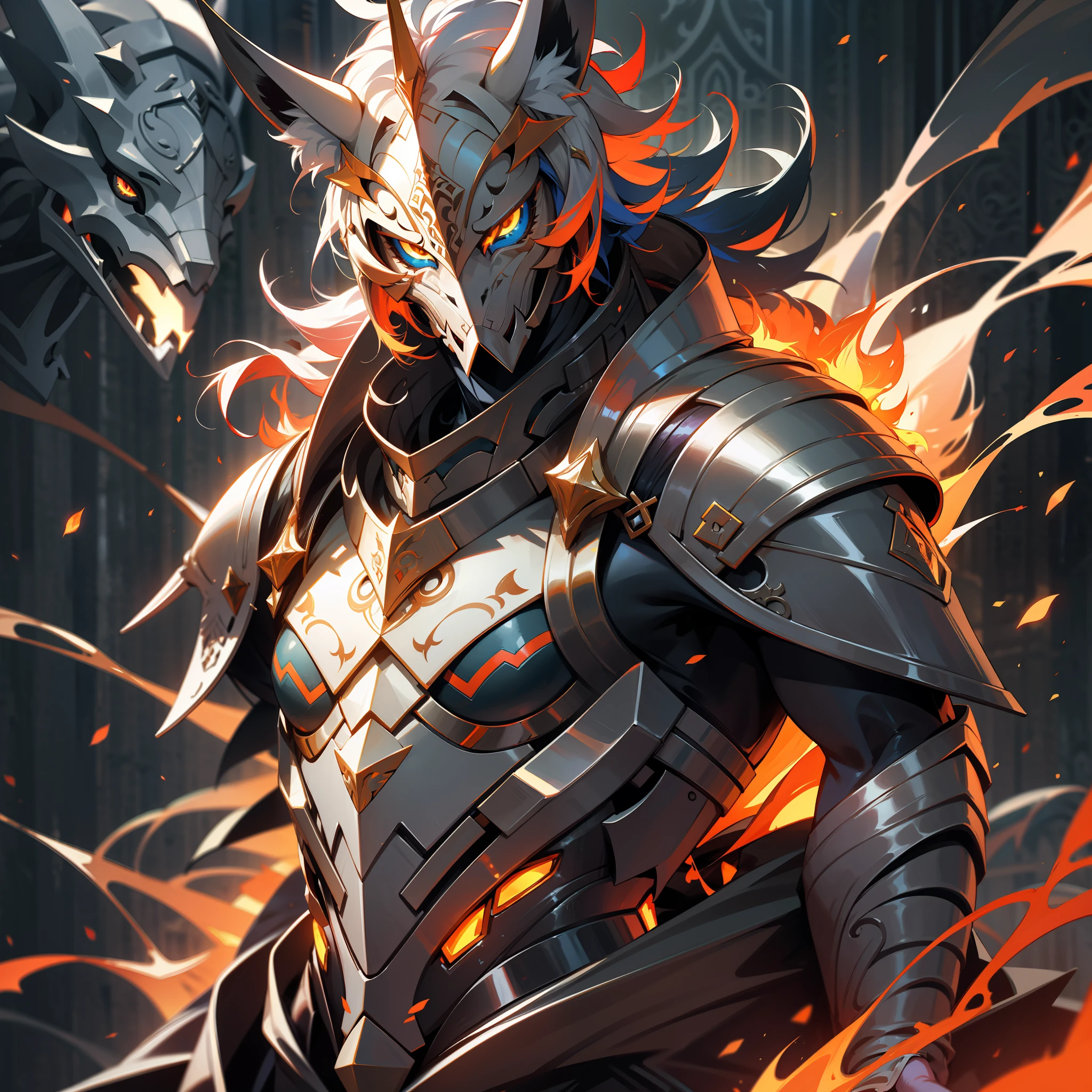 un druida macho, wildly colored hair, DarkFantasy, Armadura de color detallada, with a giant fox on fire behind him