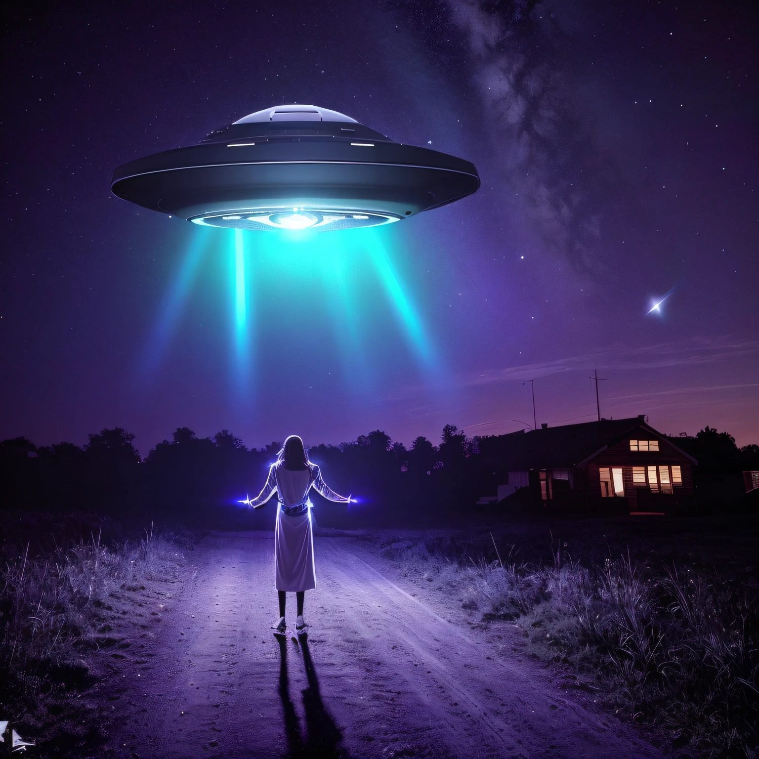 Imagem de uma mulher e um cachorro no escuro, alien abduction, Rapto de OVNIs, extraterrestre, OVNIlogia, ufo aliens, Unexplained phenomena, Ovnis, abduction, Pouso de OVNIs, extraterrestial, OVNI, ufo lighting, UFO AttackLogical, extraterrestrials reach for him, aliens in the background, imagem detalhada da mulher e do cachorro e do disco voador, 8k