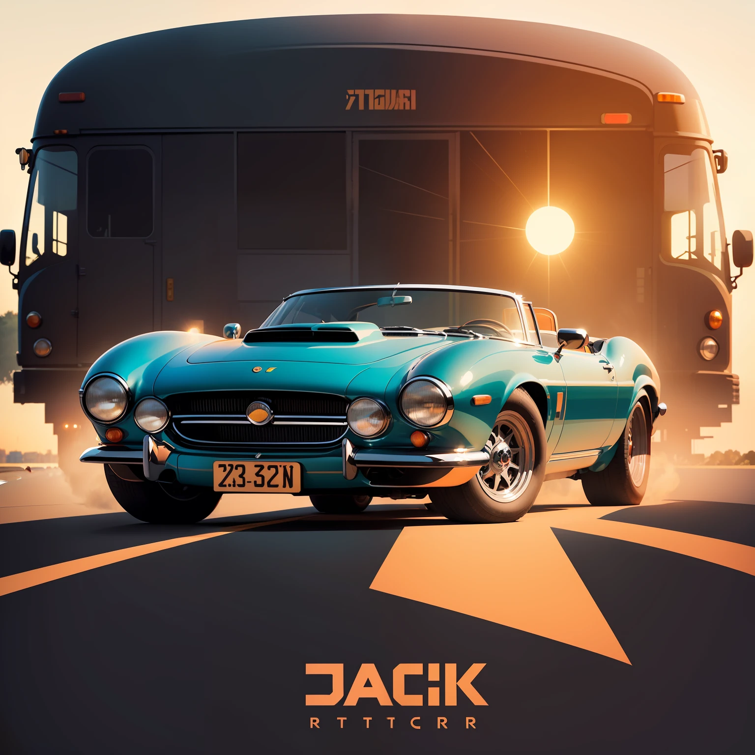 artwork of t-shirt graphic design, flat design of one retro vintage, jaguar, colorful shades, highly detailed clean, vector image, photorealistic masterpiece, professional photography, realistic bus, simple sunrise backdrop for car, flat white background, isometric, vibrant vector, white blackground