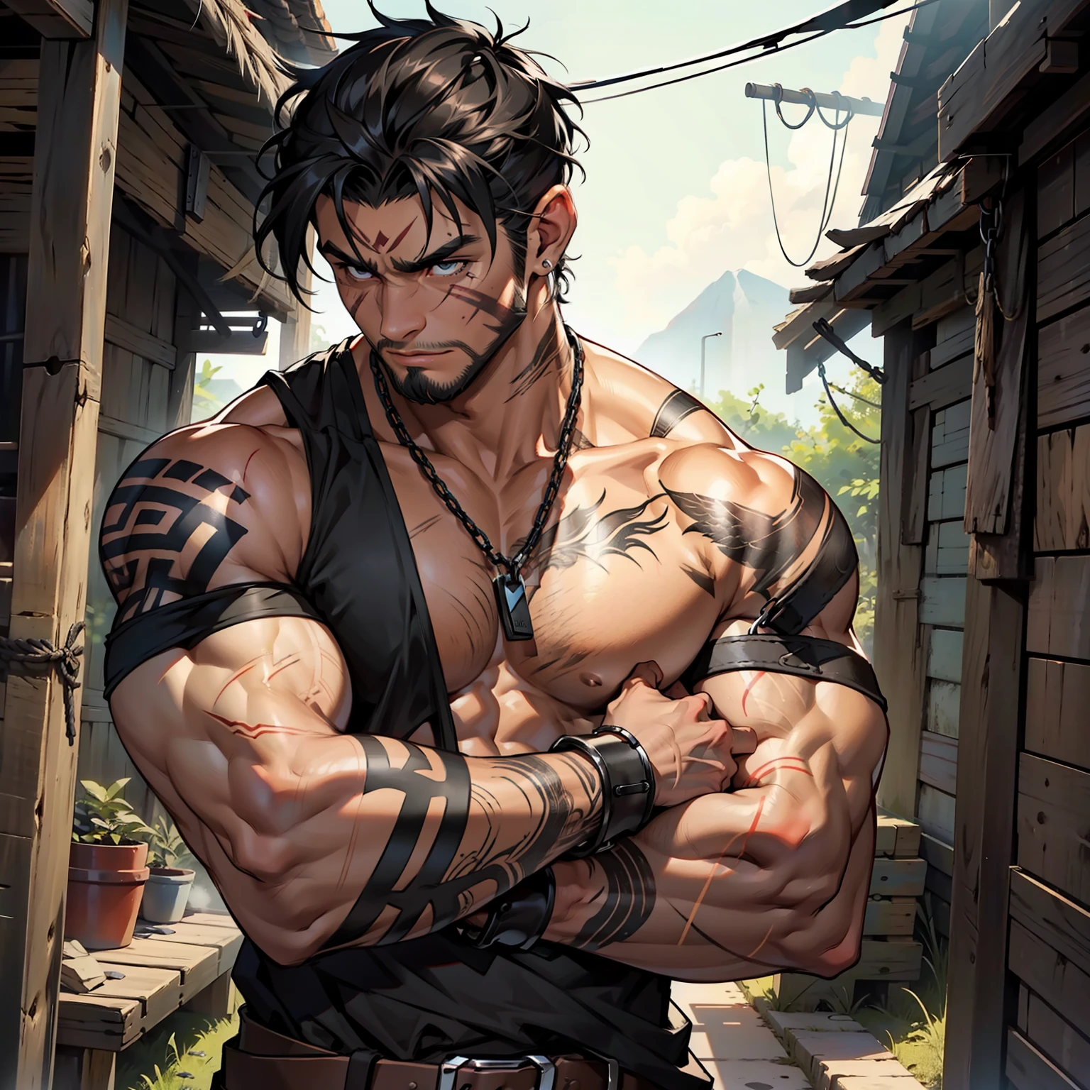Black-haired warrior with a rustic chain, Hand-wrapped bands, Defined muscles, usando uma camisa preta, tattoo on upper arm, left arm badly bruised and with combat scars, barba rala.