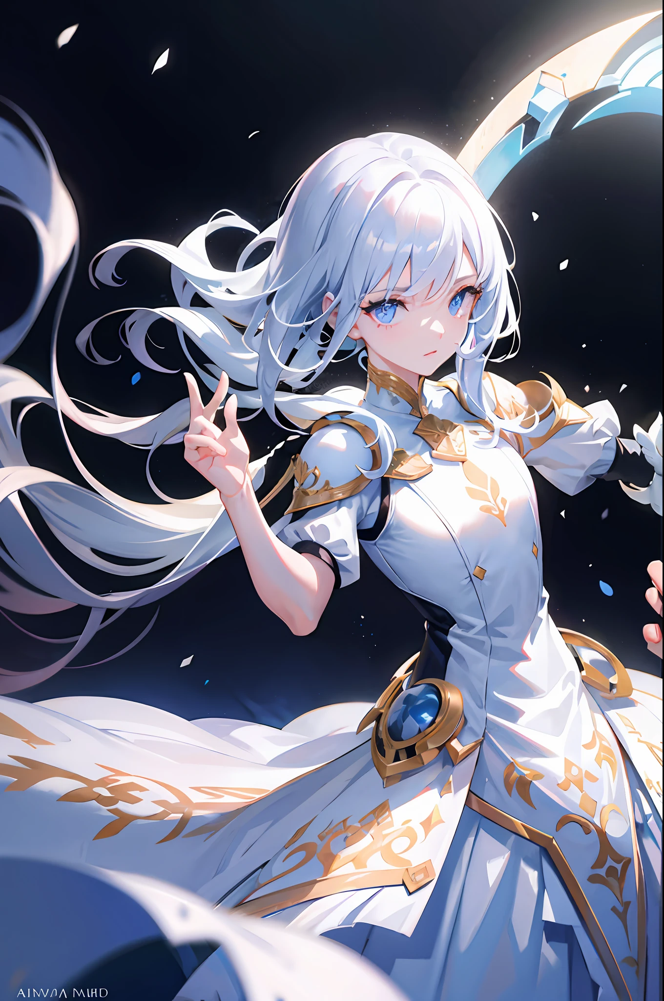 {un hombre con armadura blanca con capa blanca luchando}}, {{obra maestra}}, mejor calidad, fondo de pantalla CG unity 8k extremadamente detallado, cinematography lighting, destello de lente, hermosos ojos de detalle, cuerpo completo, negro, cabello multicolor, colored light particles, (colorido: 1.5), (cabello colorido: 1.5),