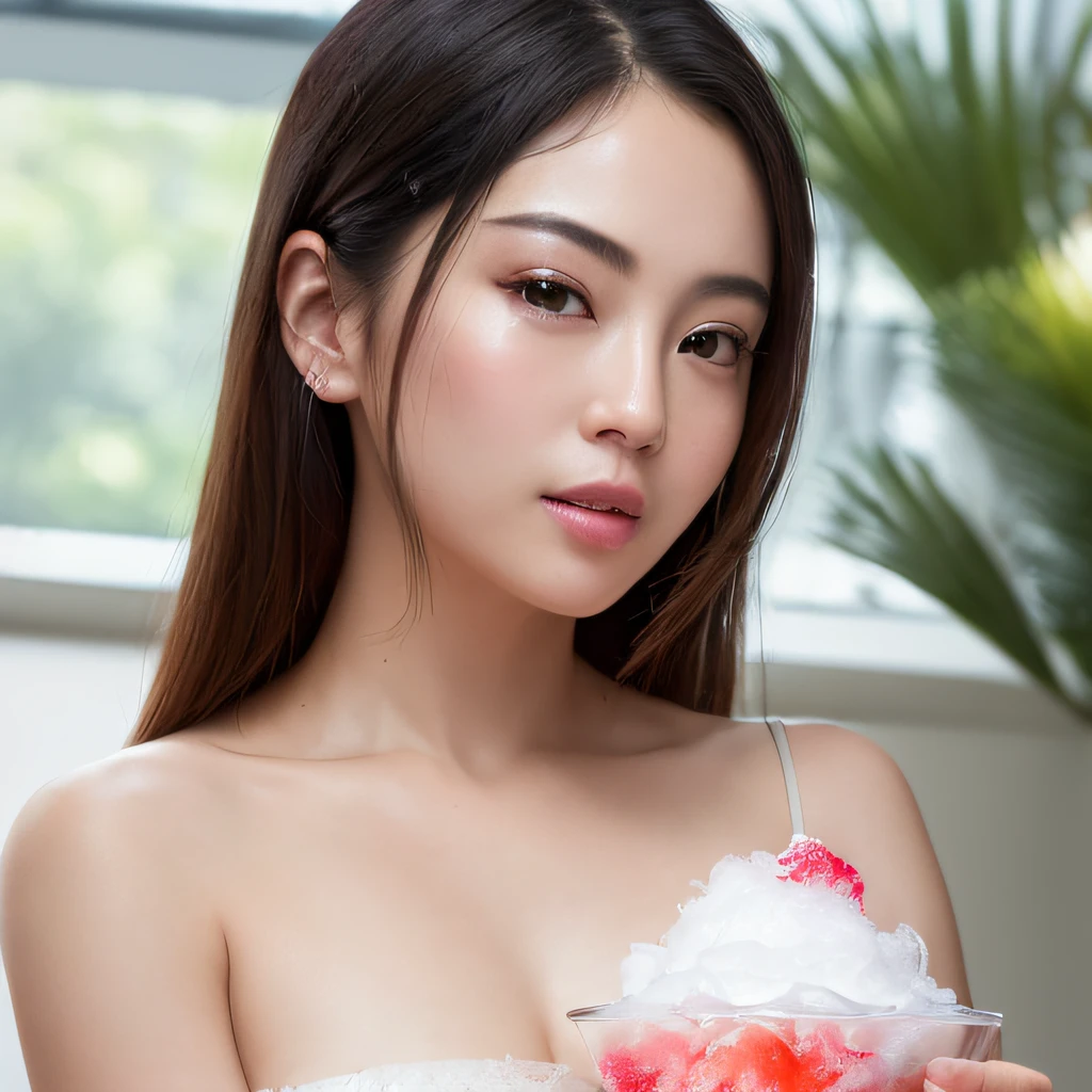 (8K、RAW、proffesional、top-quality、masterpiece:1.2)、(realisitic、Photorealsitic:1.37)、The ultra-detailliert、(portlate)、(Highest Detail Skin:1.2)、(Highest Detail Face:1.2)、cinematlic lighting、Beautiful woman holding a spoon and eating shaved ice deliciously、Shaved ice in melon syrup