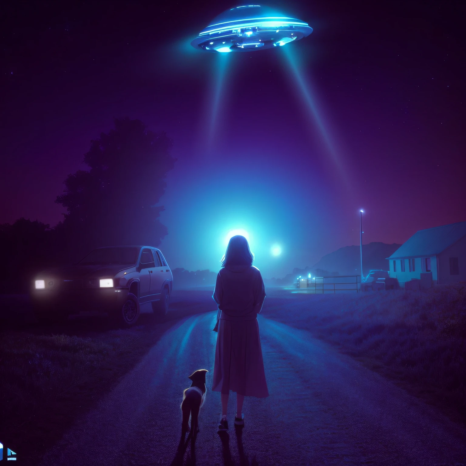 Imagem de uma mulher e um cachorro no escuro, alien abduction, Rapto de OVNIs, extraterrestre, OVNIlogia, ufo aliens, Unexplained phenomena, Ovnis, abduction, Pouso de OVNIs, extraterrestial, OVNI, ufo lighting, UFO AttackLogical, extraterrestrials reach for him, aliens in the background, imagem detalhada da mulher e do cachorro e do disco voador, 8k