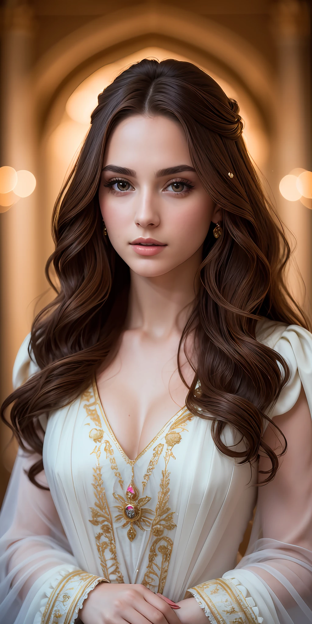 Photo of 25 year old European girl, ((wearing royal garments)). RAW, beautiful woman, (brown hair with extra long wavy), ((portrait)), (Detailed face: 1.2)), (Detailed facial features)), (Fine skin), pale skin, high detail, slim body, (cold color), wet, moist, reflection, (masterpiece) ( Perfect proportions) (realistic photos) (highest quality) (detail) shot with Canon EOS R5, 50mm lens, f/2.8, HDR, (8k) (wallpaper) (movie lighting) (dramatic lighting) (sharp focus) (complex) fashion,